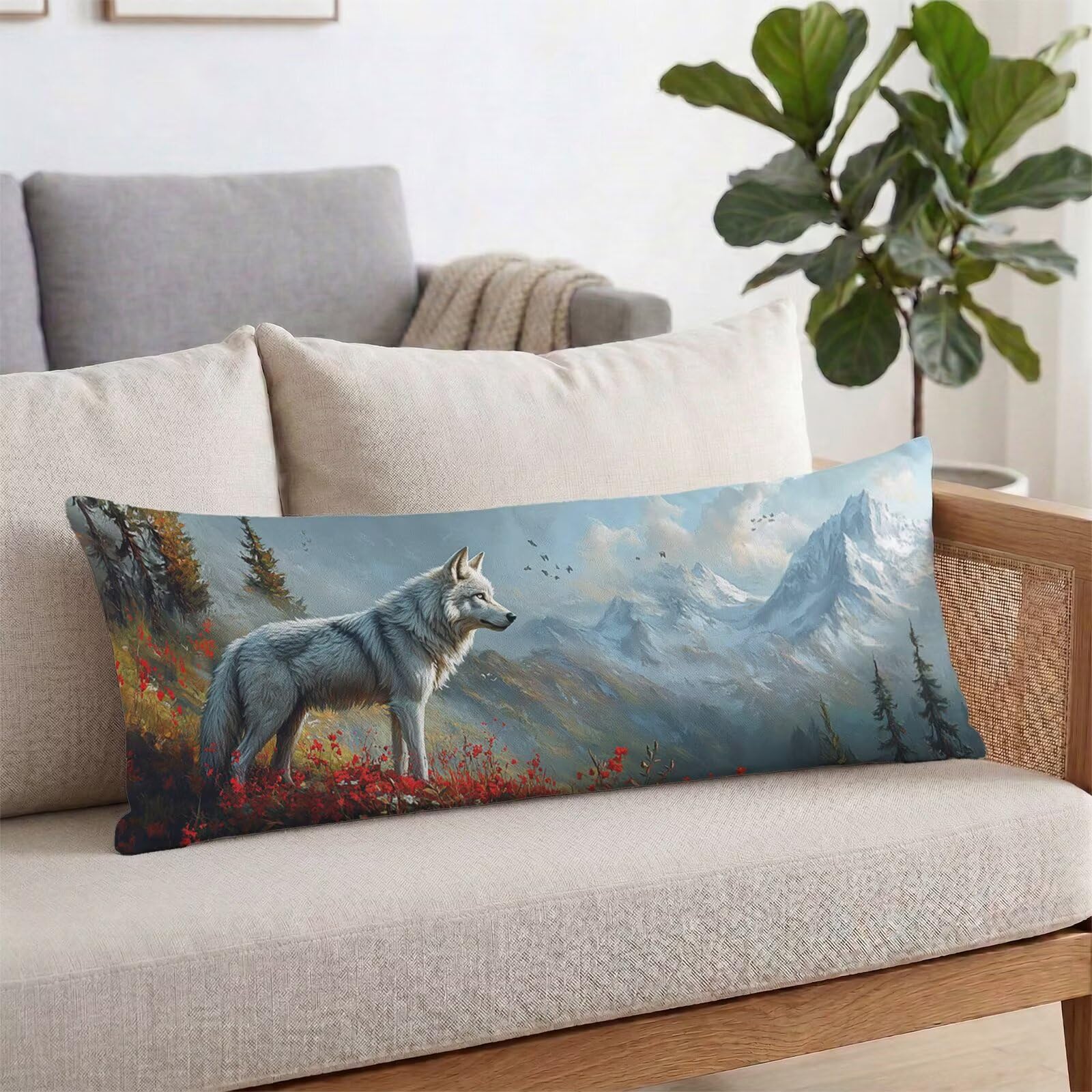 Poduszka do spania na boku 60 x 180 cm, aksamitna, wilk, poszewka na poduszkę, krajobraz z ukrytym zamkiem błyskawicznym, do poduszek do przechowywania i poduszek do karmienia, łagodzi bóle karku