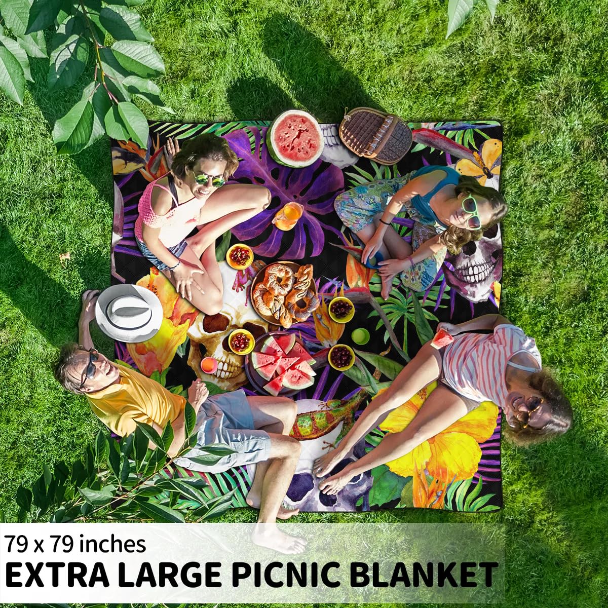 Coperta da picnic con teschio tropicale, impermeabile, a prova di sabbia, pieghevole, da spiaggia, 200,7 x 200,7 cm, extra large, portatile, lavabile, per campeggio, parco, erba, escursionismo, viaggi