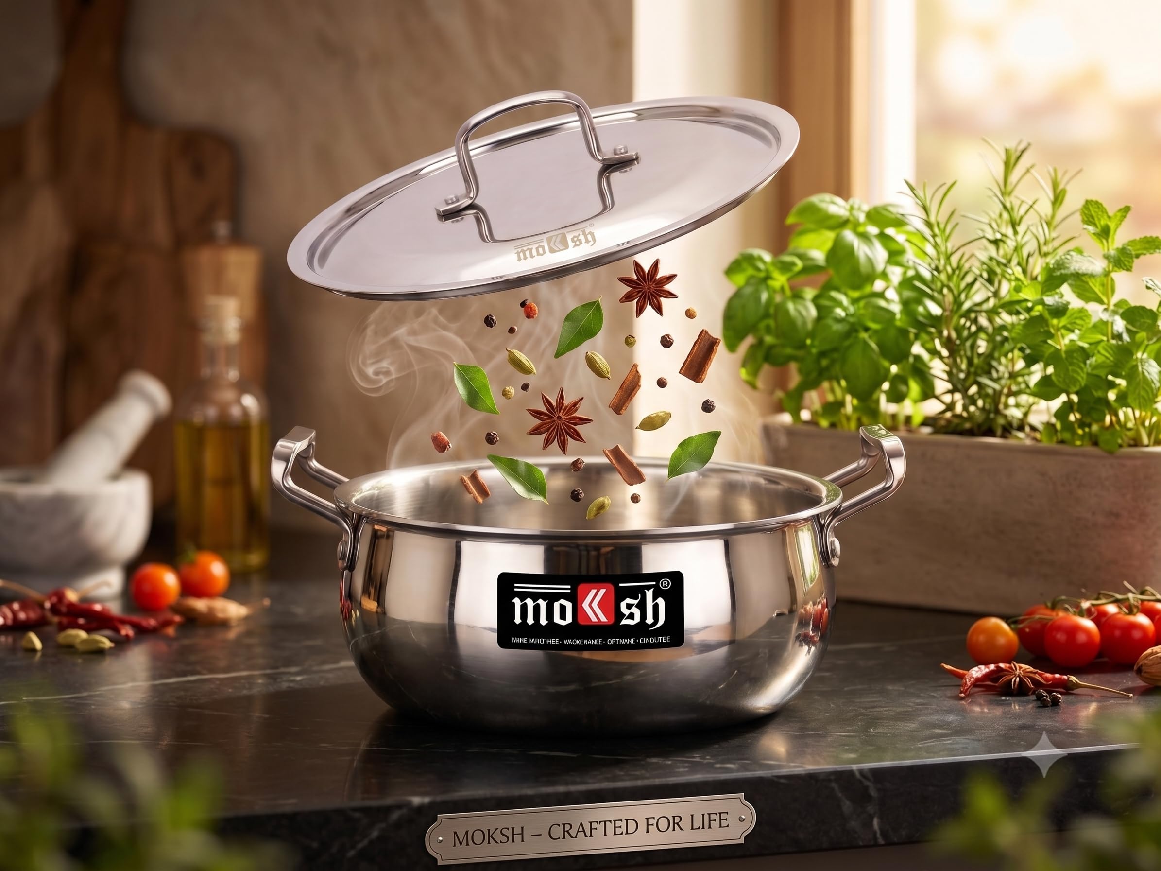 moksh triply stainless steel belly shape stew pot with lid, 26cm - 6ltr | cook and serve casserole / stew pot / handi pot with lid