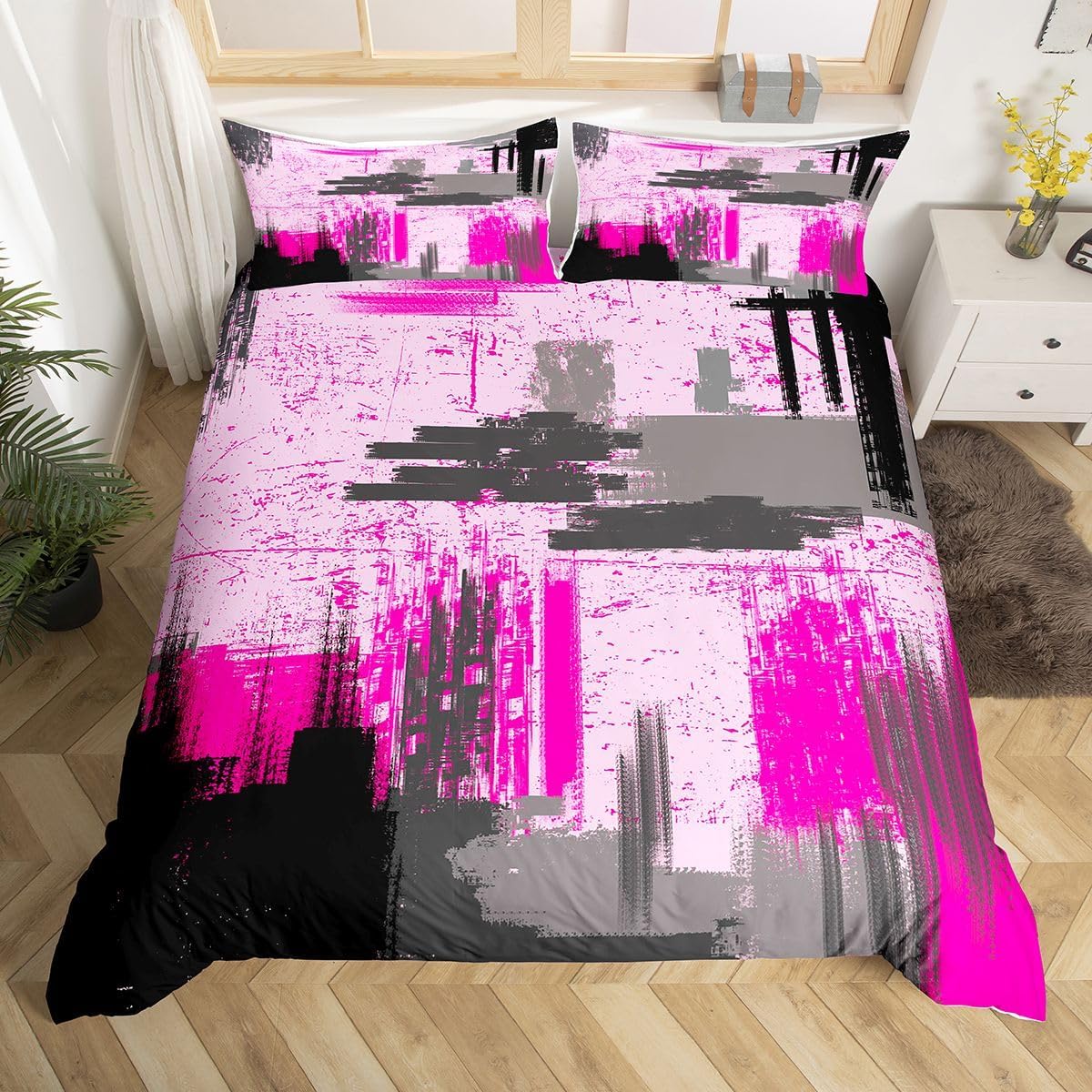 Feelyou Kids Hot Pink Grey Black Bedding Set Full Size Abstract Art Duvet Cover for Boys Girls Bedroom Decor Geometric Comforter Cover Set Modern Bedspread Cover with 2 Pillow Case
