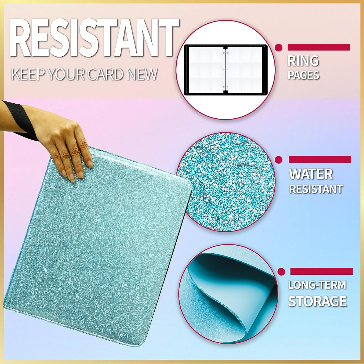 9 Pocket Card Binder Glitter - 1080 Double Sided Pocket PU Premium Zip Trading Card Binder Collectible Card Albums for MTG, TCG, Sports Cards, Game Cards Blue