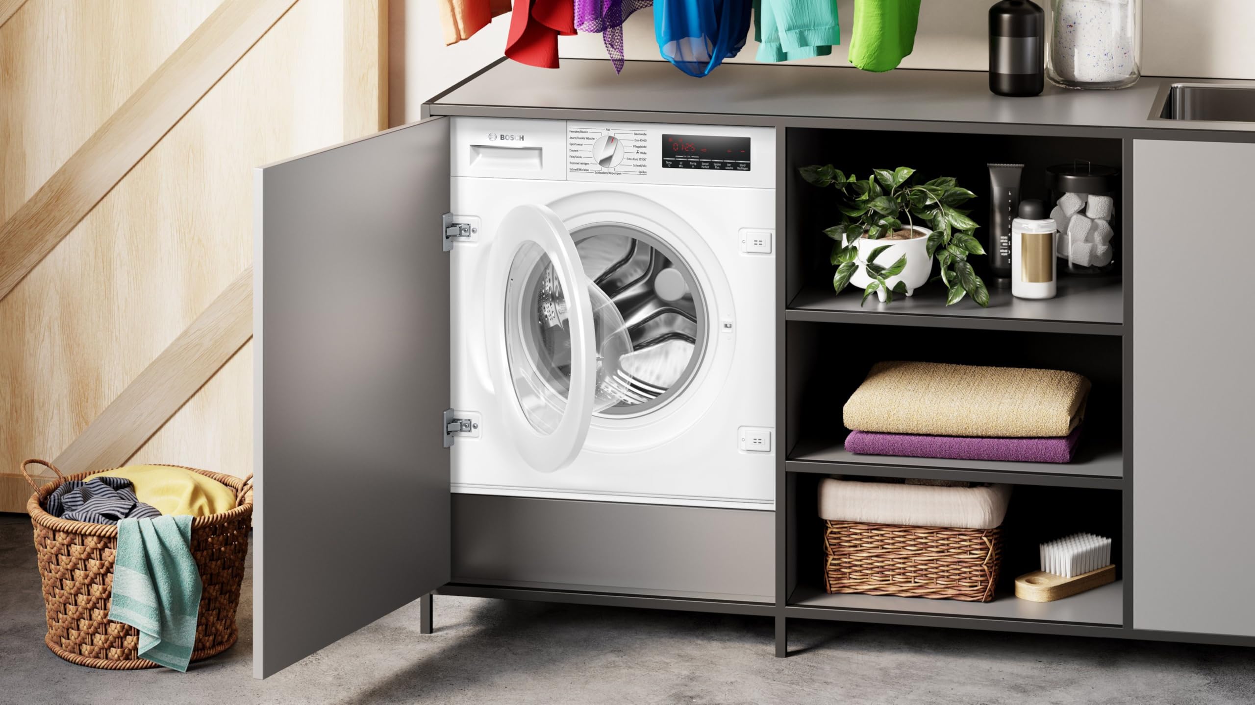 Bosch Serie 8 Vollintegrierbare Waschmaschine 8 kg 1400 UpM WIW28443 | Made in Germany, vollintegriertes Design, Time Light Restlaufzeit-Projektion auf den Boden, leiser Motor, AquaStop