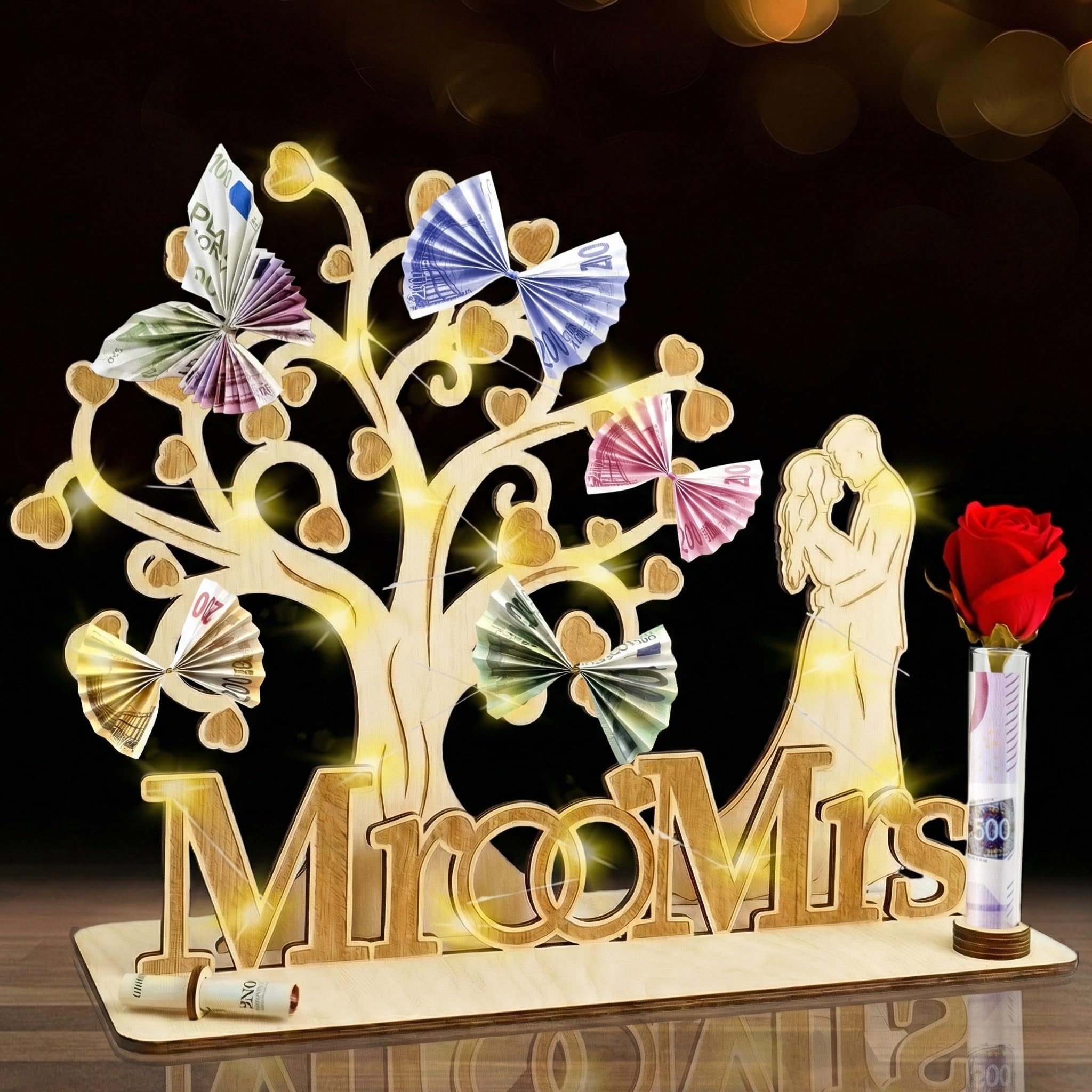 Geldgeschenk Hochzeit Holz mit Lichterketten,Hochzeitsgeschenke für Brautpaar Geld,Herzförmiges Geschenk zum Hochzeit Hochzeitstag aus Holz