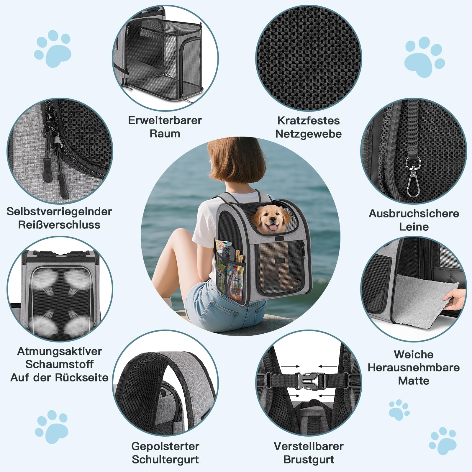 Erweiterbar Hunderucksack bis 10kg, Haustier Rucksack mit Netzfenster, Faltbare Katzenrucksack Hunde Rucksack, Atmungsaktive Cat Dog Backpack mit Innerer Sicherheitsleine und Haustiermatte - Grau