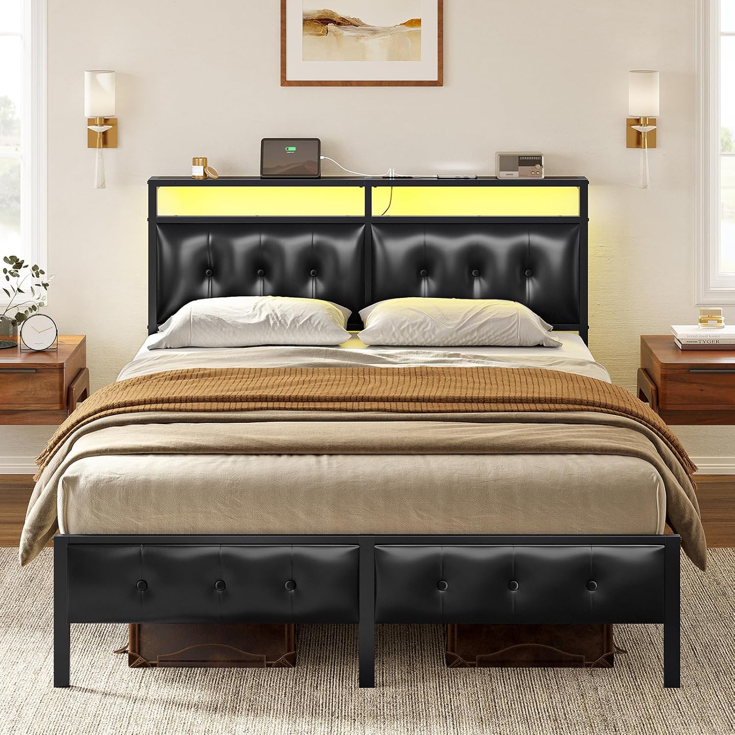 A side view of the bed frame showing the 30cm (12.6 inch) under-bed storage space, with storage bins placed underneath.