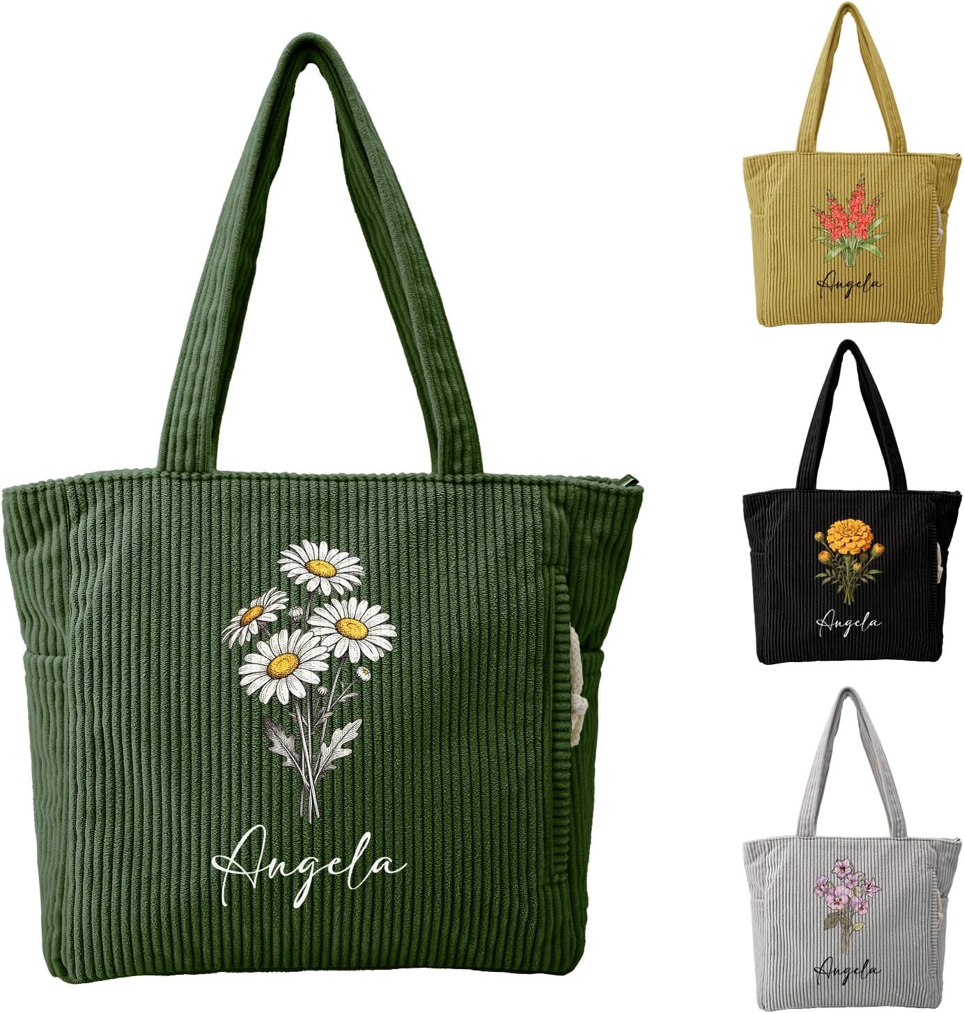 Personalized Birth Flower Corduroy Tote Bag for Women, Custom Name Large Shoulder Bag Handbags With Zipper for Work Travel Shopping, Mother's Day Graduation Birthday Gift for Women & Girls, b