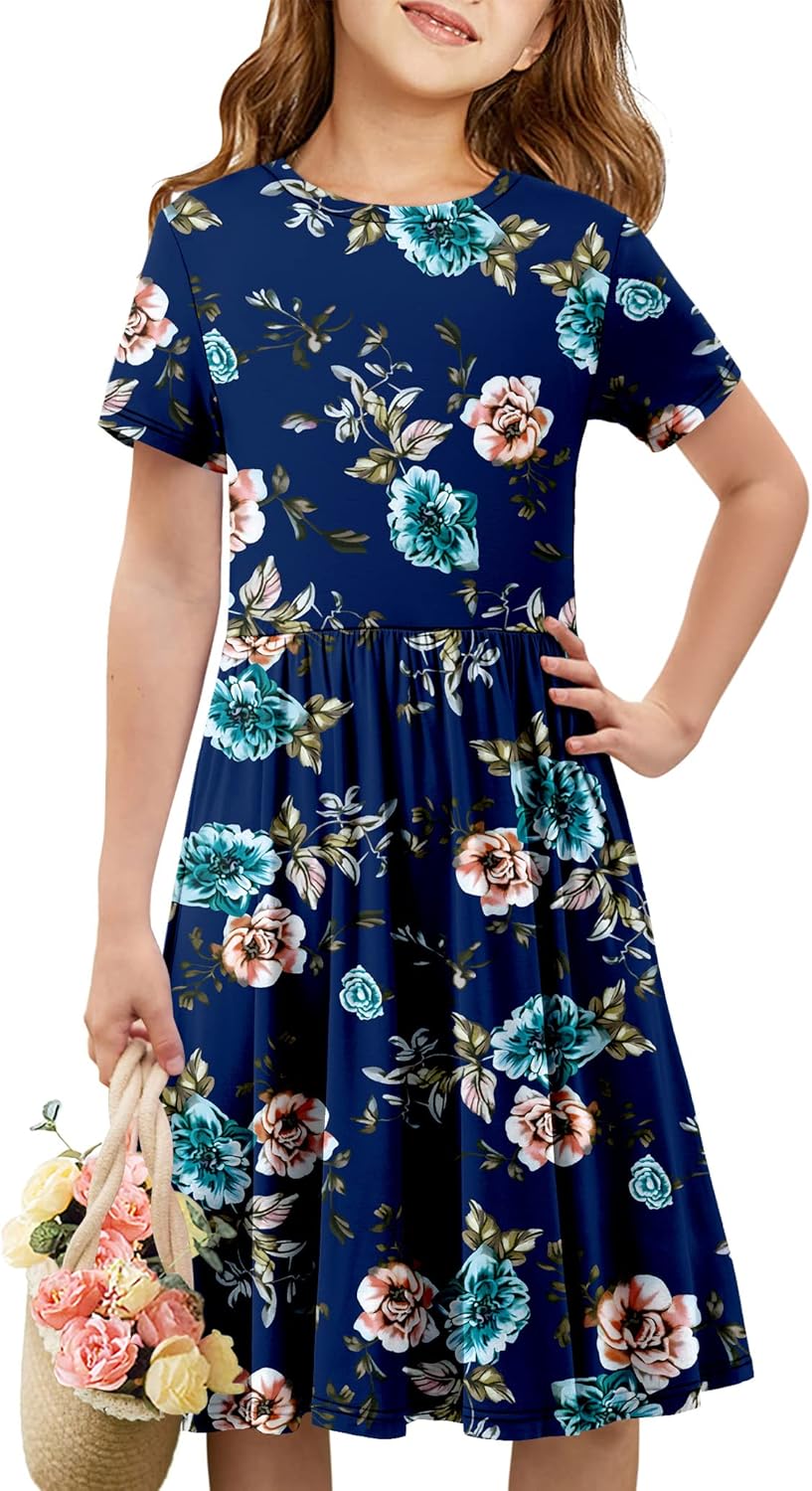 storeofbaby Girls Short Sleeve Dress Casual A Line Twirly Skater Dresses 4-13 Years