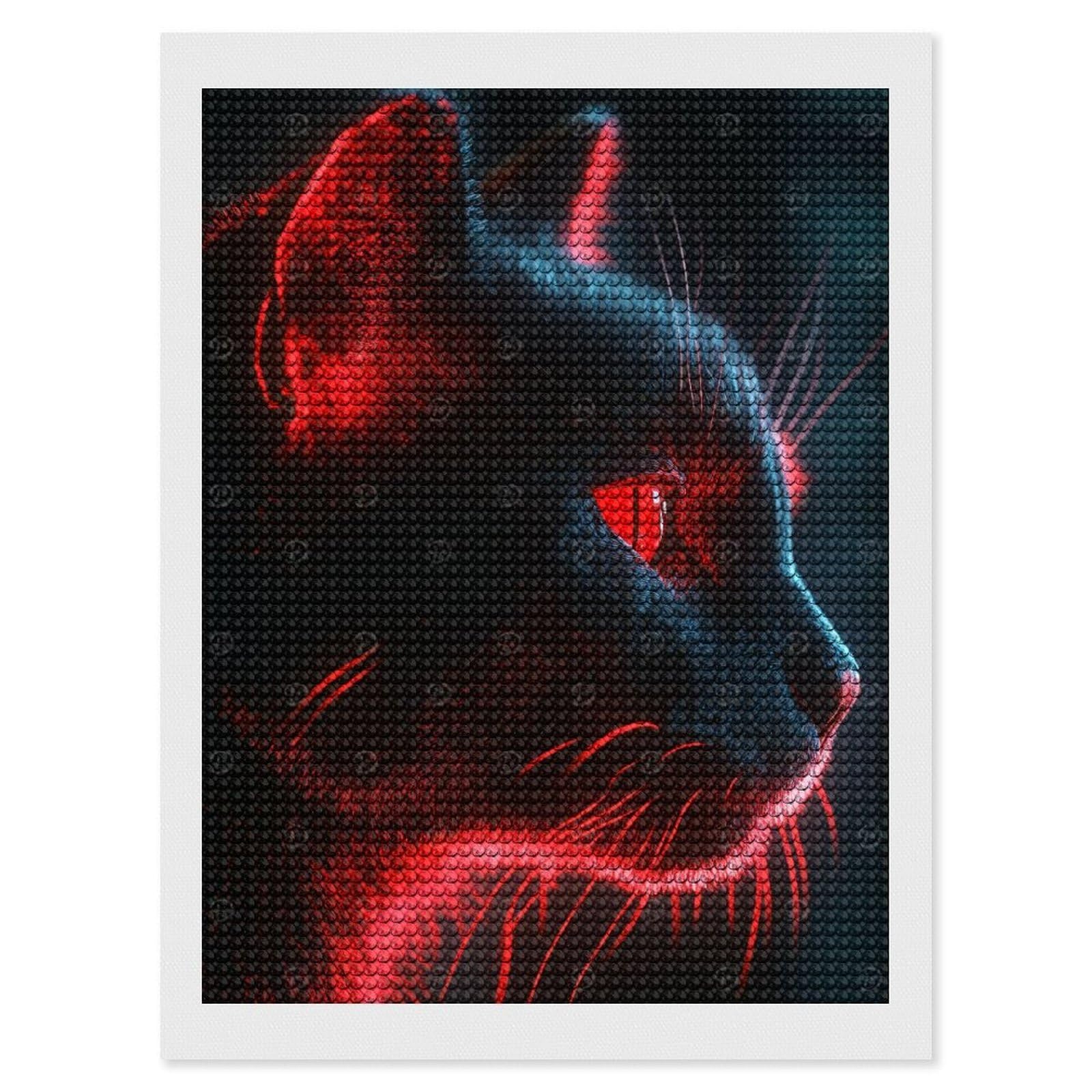 Junmoney Neon Lit Black Cat Portrait Diamond Painting Set 12"x16", Stress Relief Craft, Easy to Enjoy, Vintage Style Decor, Festive Craft Gift