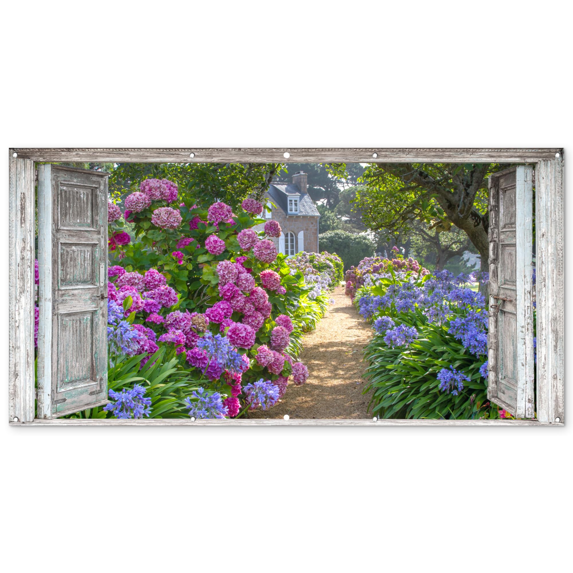 MuchoWow© Gartenposter Groß 200x100 cm XXL Outdoor Bilder Gartendeko für draußen Wetterfest Garten Deko Terrasendeko Banner Draußen Bild Dekoration Fensterblick - Hortensie - Blumen