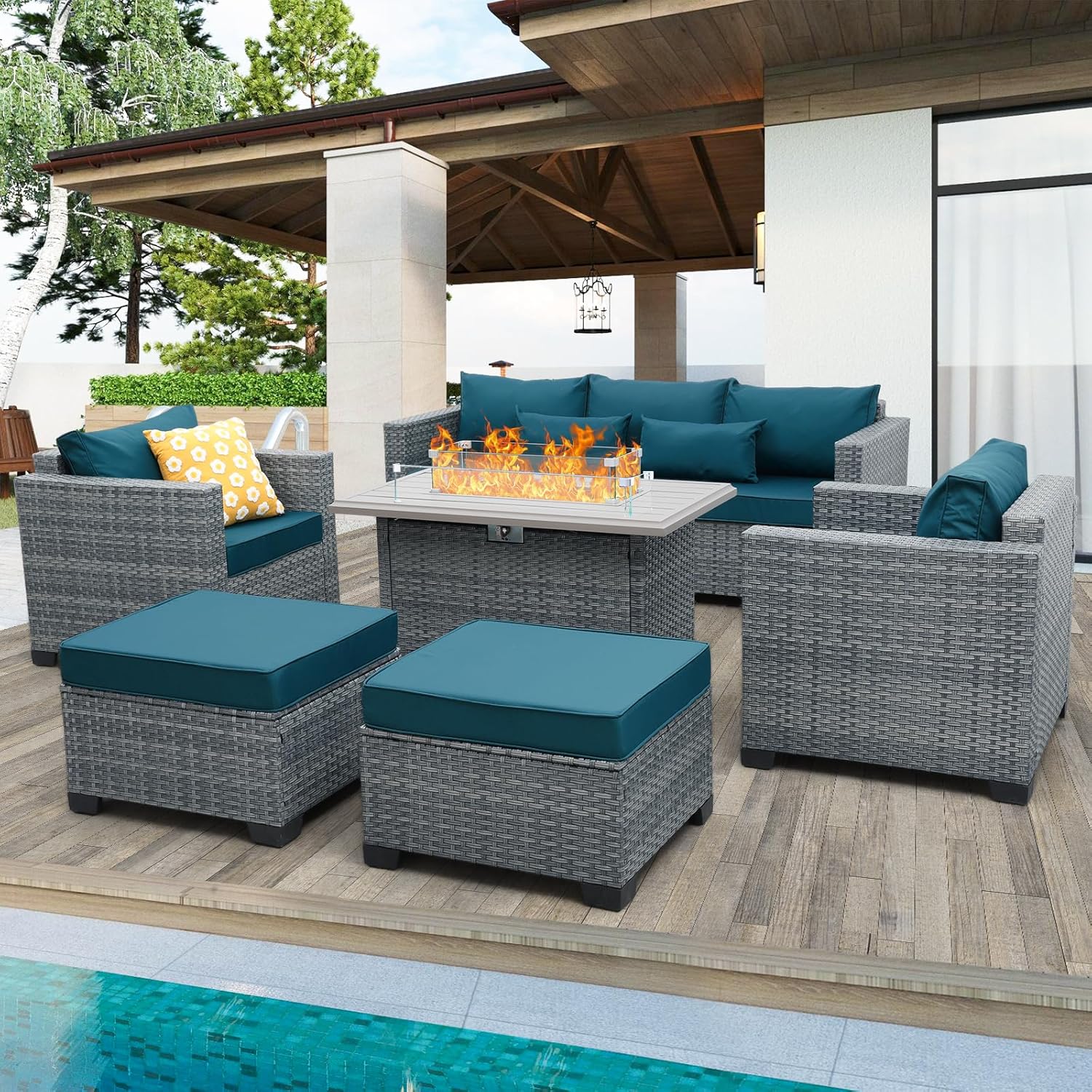 6 Pieces Wicker Patio Set with 45" Fire Pit Table