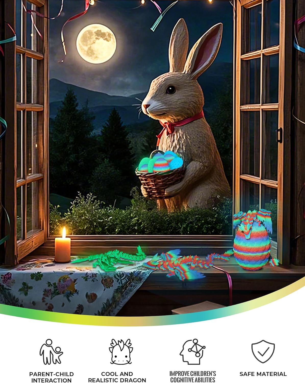 Cessfle Prefilled Easter Eggs with 3D Printed Dragon with Wings Inside, 8" 3D Articulated Crystal Winged Dragon Egg, Easter Basket Stuffers for Boys Kids Teen 4-6 5-7 8-12 (Luminous Rainbow) - Image 4