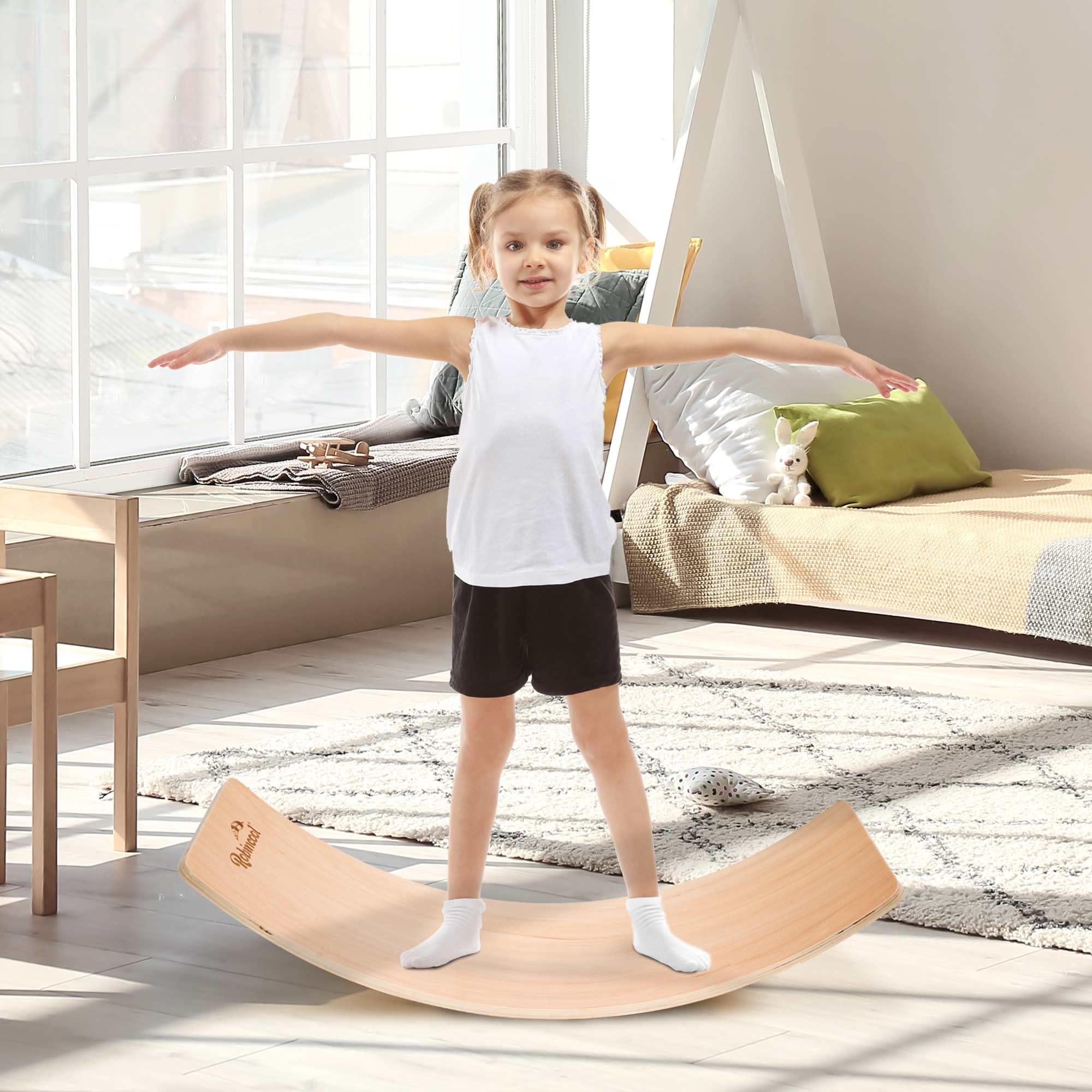 Tabla de Equilibrio Montessori Curvy 82x30x19 cm Madera Ecológica | Certificado CE | Peso Máximo 60 Kg | Tabla Curva Wobbel | Balance Board