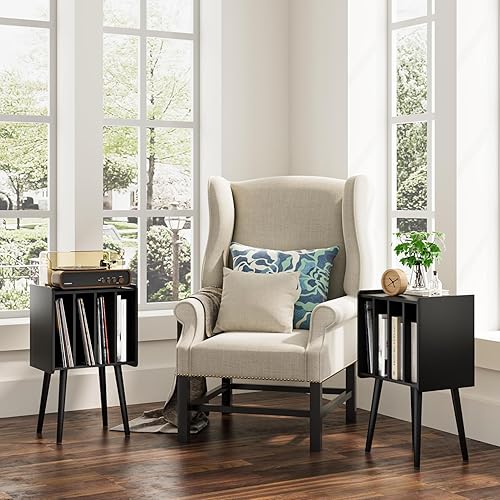 Miniatura 3 de Soporte para tocadiscos, mesa para tocadiscos con almacenamiento de vinilo, soporte de mesa de discos de vinilo negro con gabinetes para 100