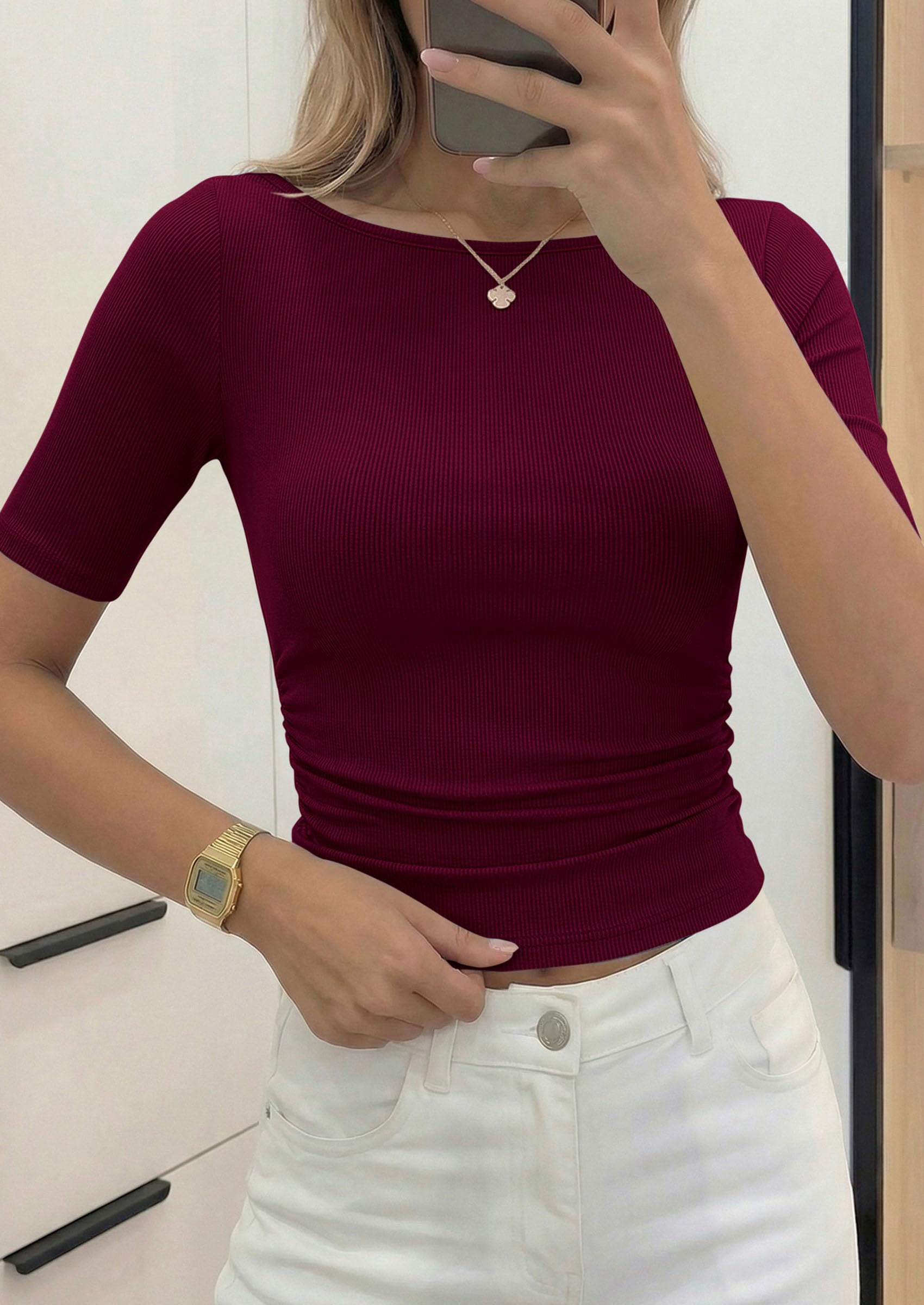 PRETTYGARDEN Womens Summer Short Sleeve Tops Boat Neck Ribbed Knit Slim Fit T Shirt Casual Basic Top 2026 Spring Clothes