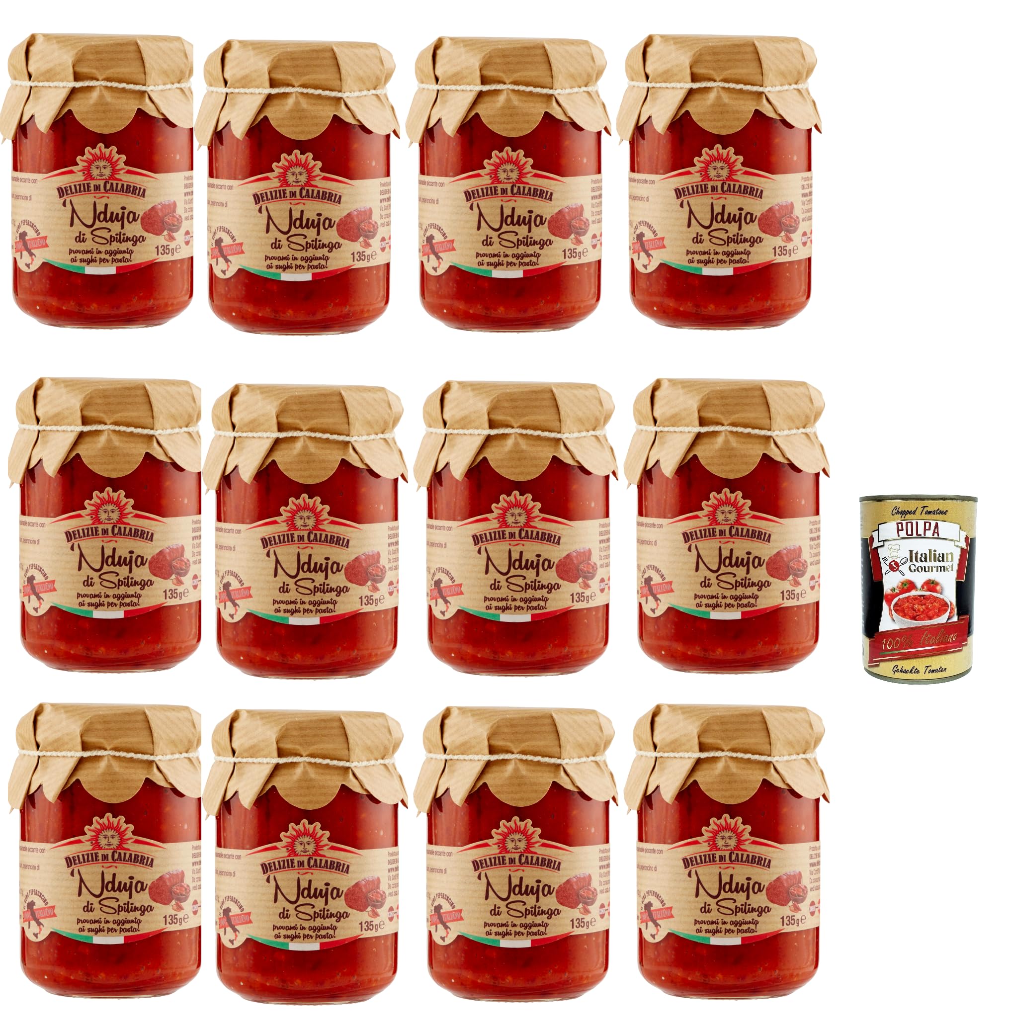 Italian Gourmet Delizia di Capabia Nduja di Spilinga, Salami, 12 x 135g | Piccante spalmabile, kalabrische Spezialität, perfekt auf Brot, Pizza oder, Gesamtnettogewicht 1,62 kg + Kostenlos Polpa 400g