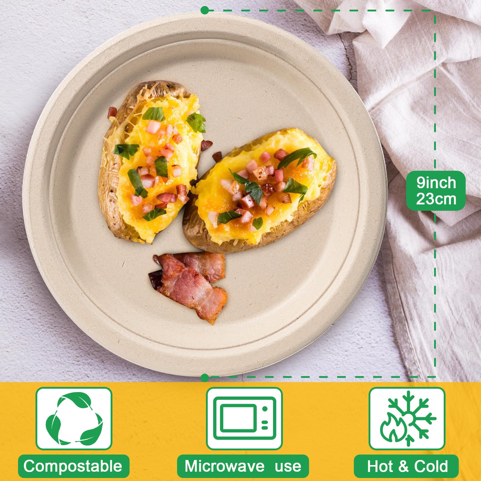 Platos de papel desechables rígidos marrones de 9 pulgadas, paquete de 150 unidades, ecológicos, platos resistentes de caña de azúcar, platos grandes, bandeja compostable para fiestas y barbacoas
