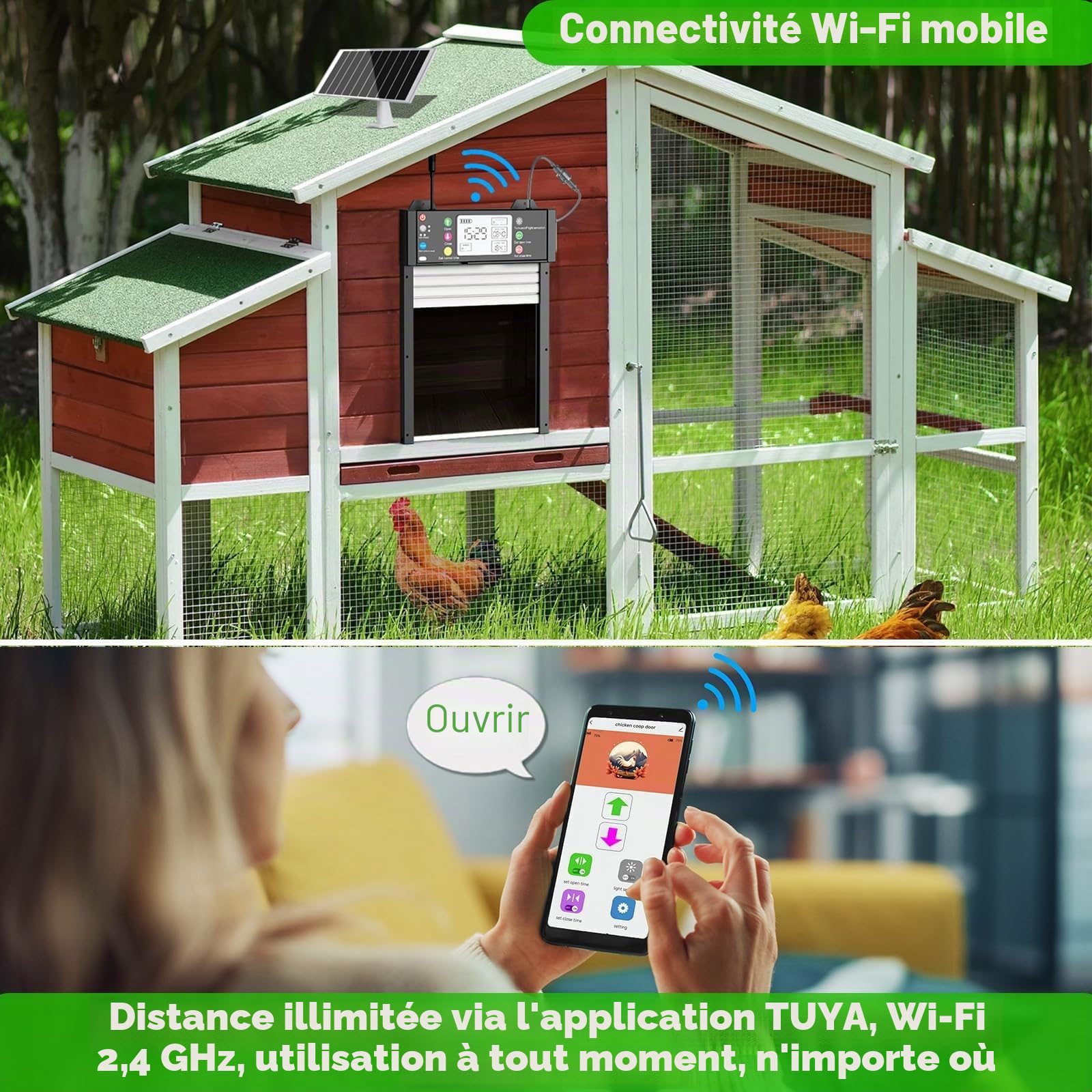 Shinmax Porte Automatique Solaire Intelligente pour Poulailler avec App WiFi 2,4 GHz, Capteur De Lumière, Minuterie, Anti-Pincement, Écran LCD, Batterie Rechargeable 4000mAh