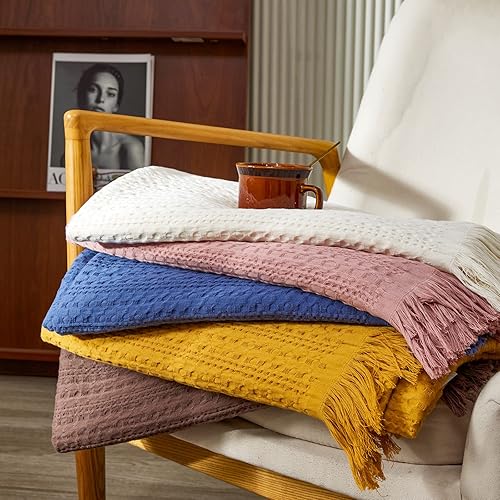 Miniatura 7 de Simple&Opulence Manta de Tiro 100% Algodón para Sofá, Cama, Manta de Tejido Waffle de Punto Trenzado con Borlas, Suave Ligera Prelavada Transpirable