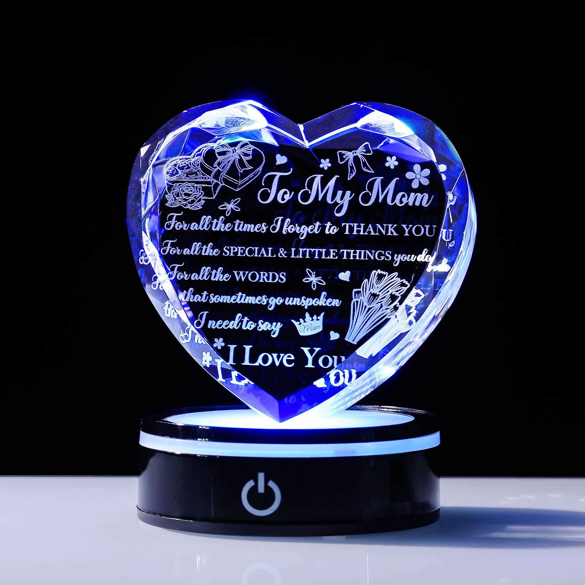 Regalo de corazón de cristal con base LED, mensaje grabado con láser «A Mother's Love is Forever», regalo significativo de cumpleaños, día de la madre de parte de su hija, hijo, recuerdo de