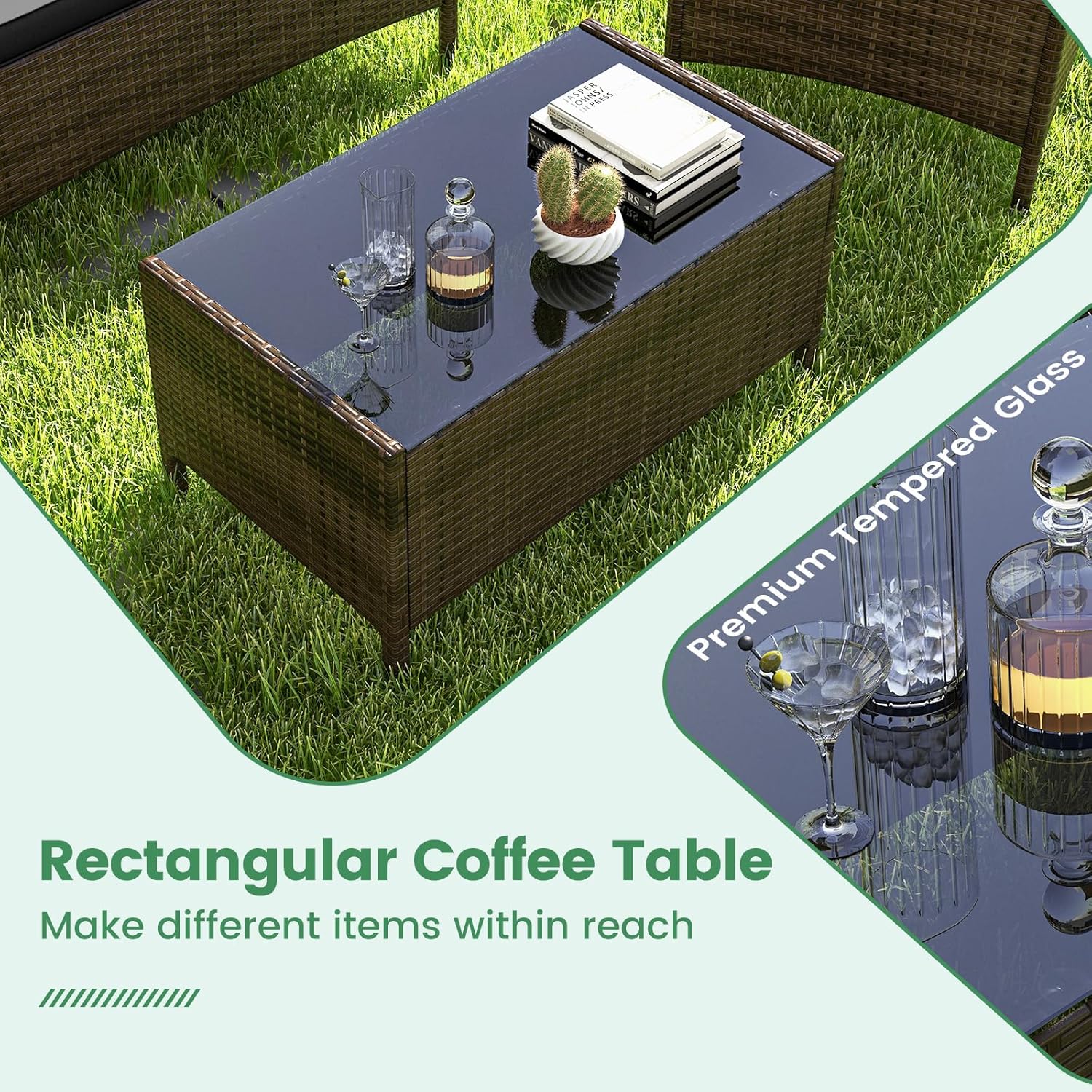 RELAX4LIFE 4-Piece Patio Furniture Set - Rattan Outdoor Conversation Bistro Set w/Cushions, Glass Coffee Table, Wicker Chairs & Loveseat for Garden Backyard Porch, Balcony Furniture Set (1, Black)