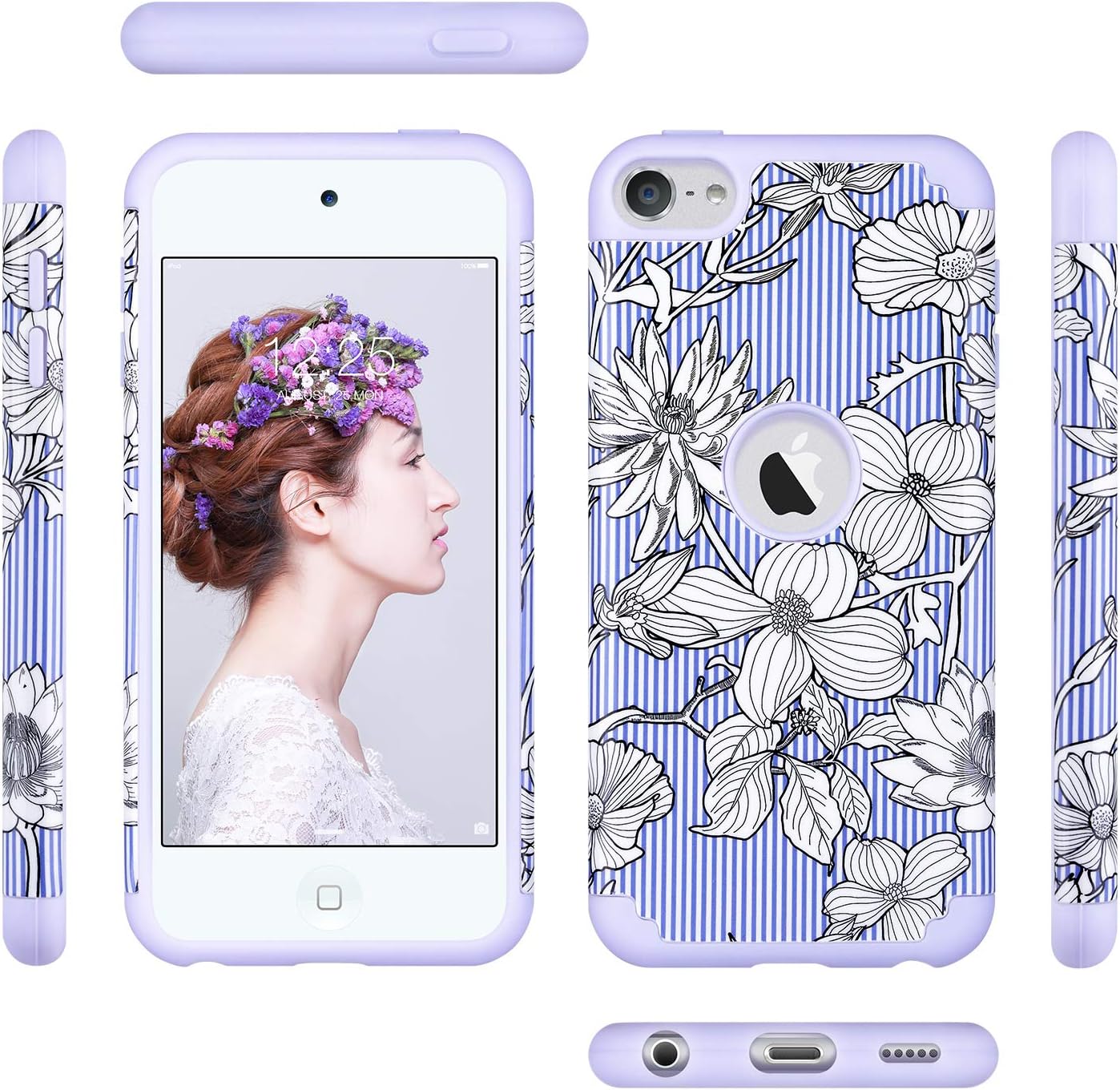 ULAK iPod Touch 7 Case, iPod Touch 5 & 6 Case, Slim Fit Protective Hybrid Dual Layer Soft Silicone and Hard Back Cover for Apple iPod Touch 5th/6th/7th Generation, Pinstripes + Flowers
