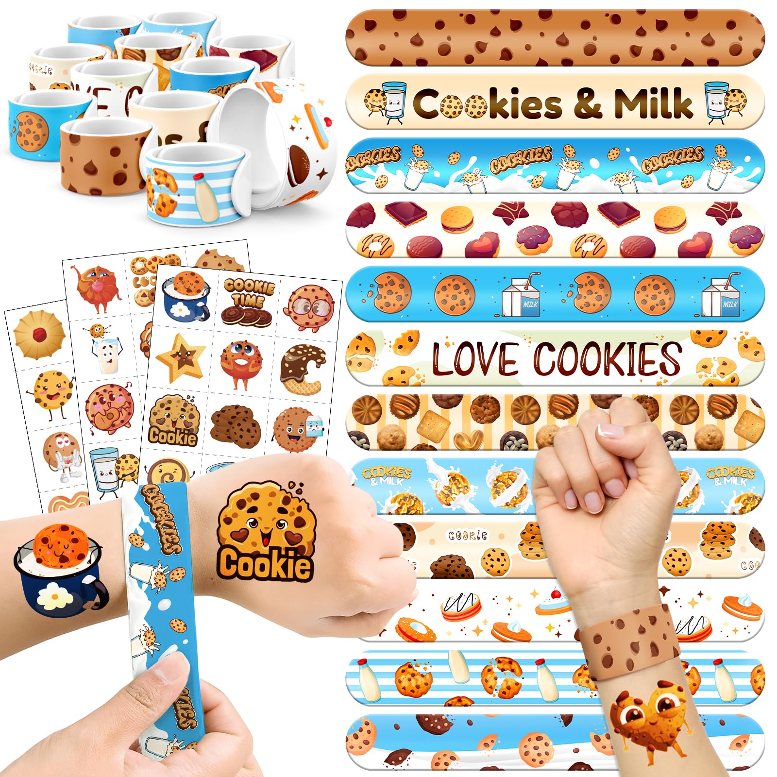 60 PCS Cookie Party Favors Set - 36 Temporary Tattoos & 24 Slap Bracelets for Kids, Perfect for Cookie-Themed Birthday Supplies, Baby Shower and Sweet