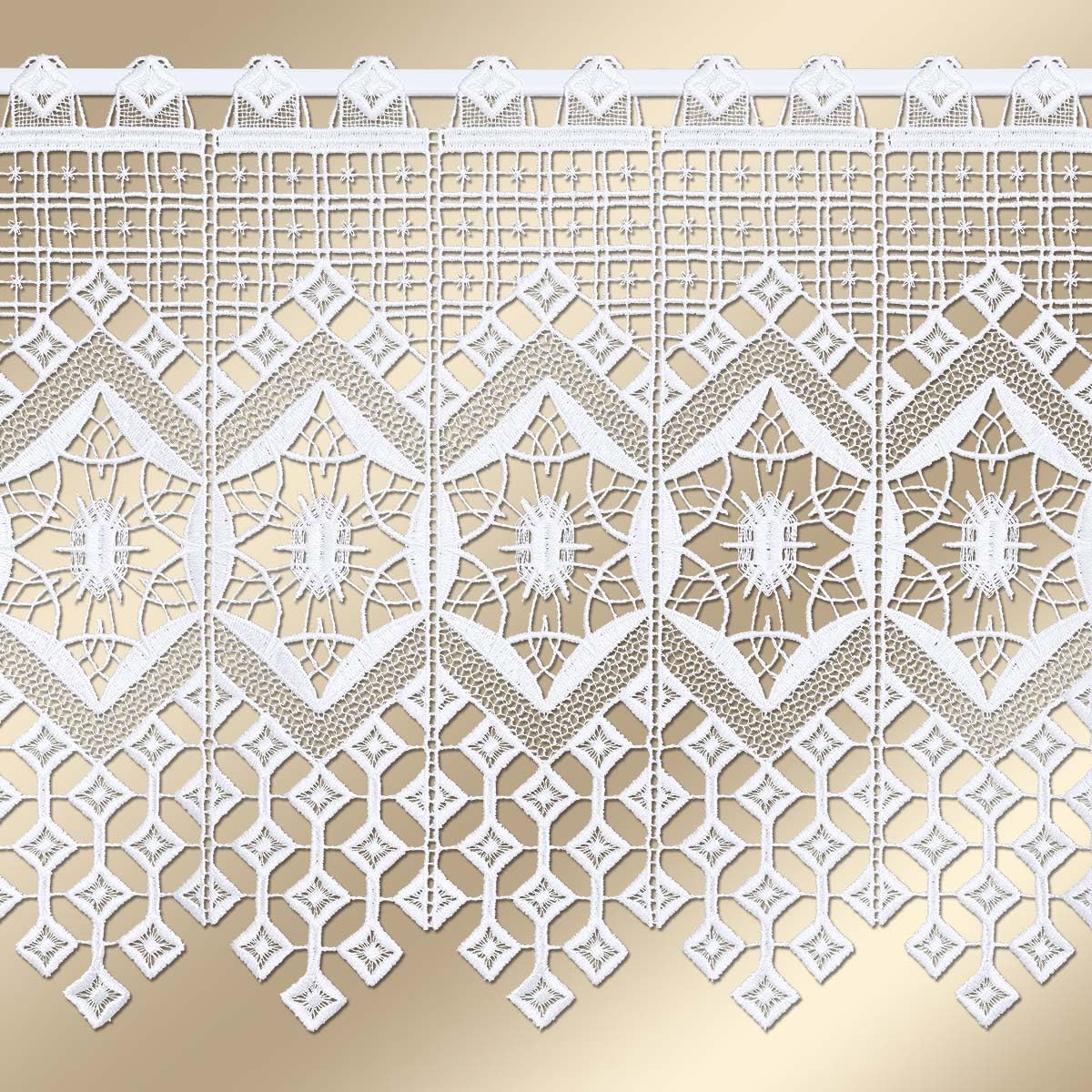 Moderne Scheibengardine Jara Plauener Spitze Scheibenhänger mit geometrischem Rautenmuster weiß 34 x 64 cm