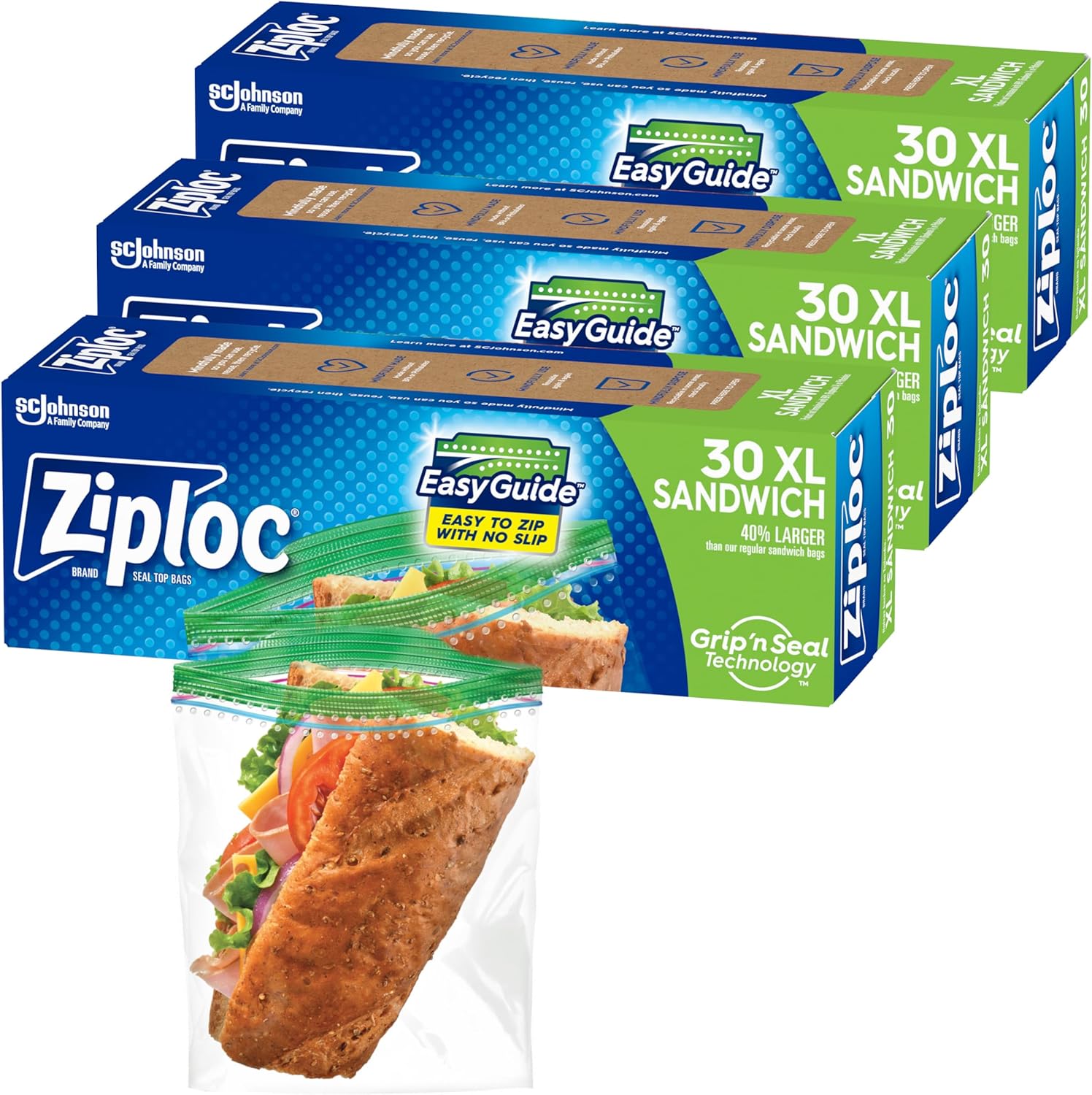 Ziploc XL Sandwich and Snack Bags with EasyGuide Texture,...