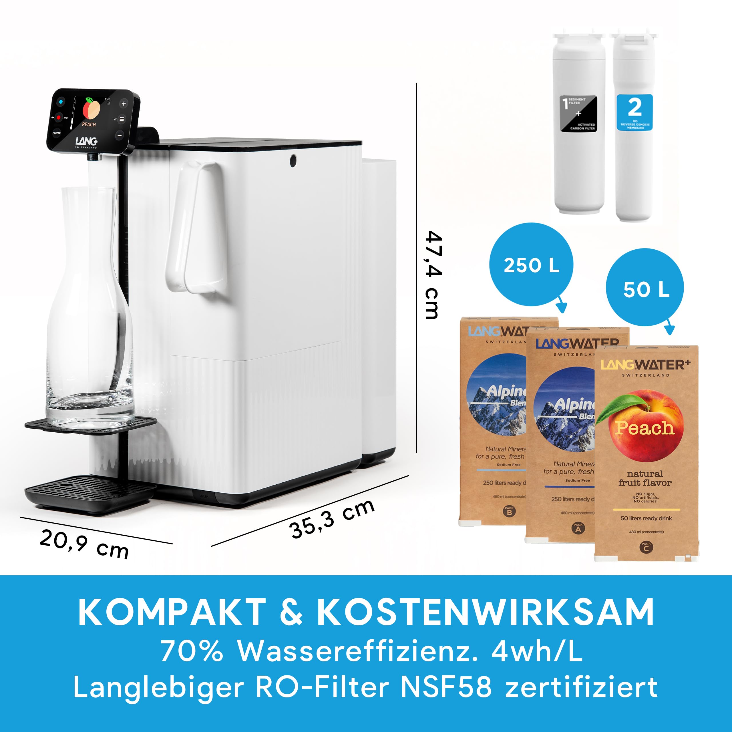 LANGWATER TheWell 2 Umkehrosmoseanlage Auftisch mit Mineralisierung, Heißwasserspender, 4-stufigem Wasserfilter NSF58 RO UV