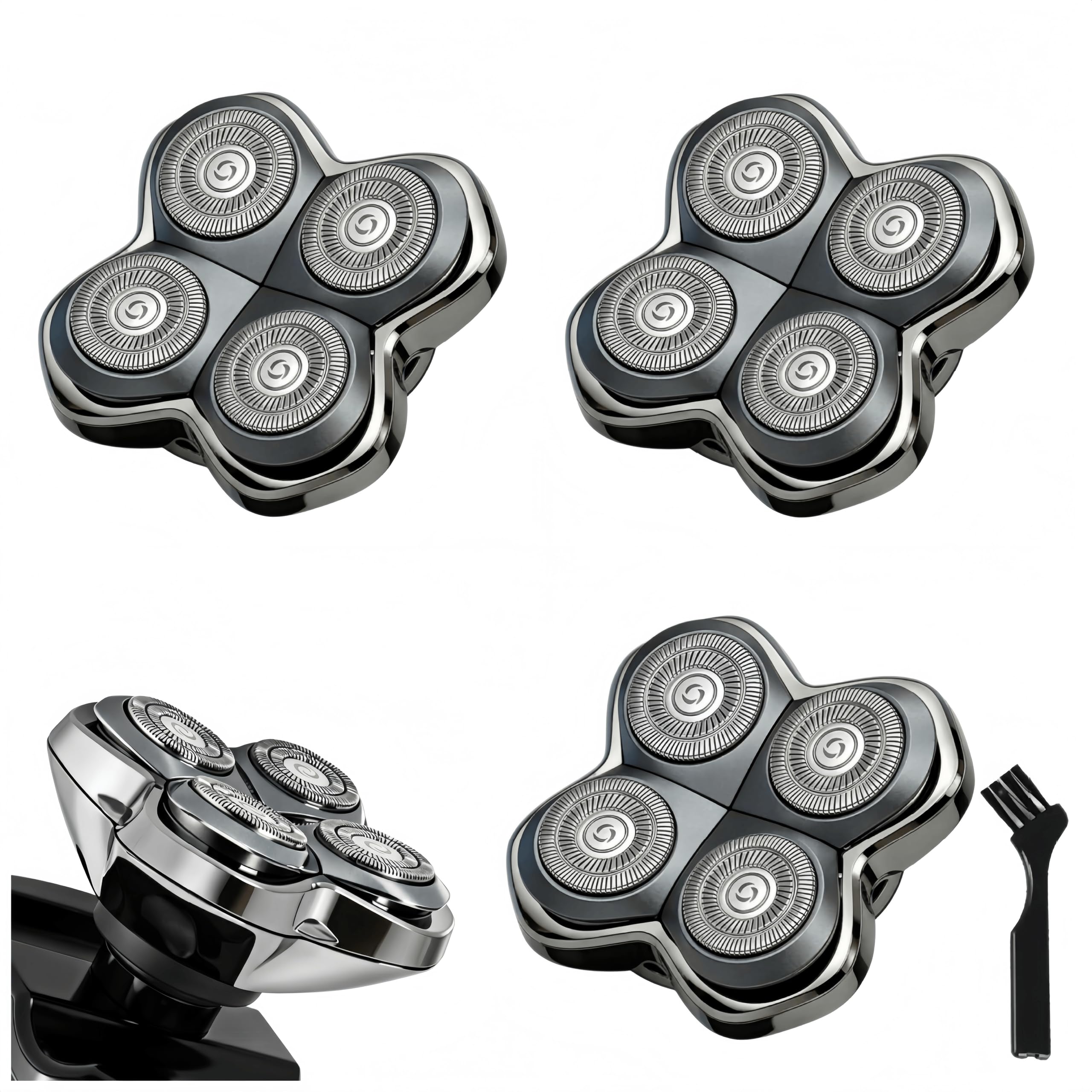 3Pack Pitbull Shaver Replacement Blade, Replacement Heads for Skull Shaver, Series Gold PRO, Silver PRO, Platinum PRO, Butterfly Kiss PRO, Floating 4 Heads Electric Razor Refills + 1 Cleaning Brush