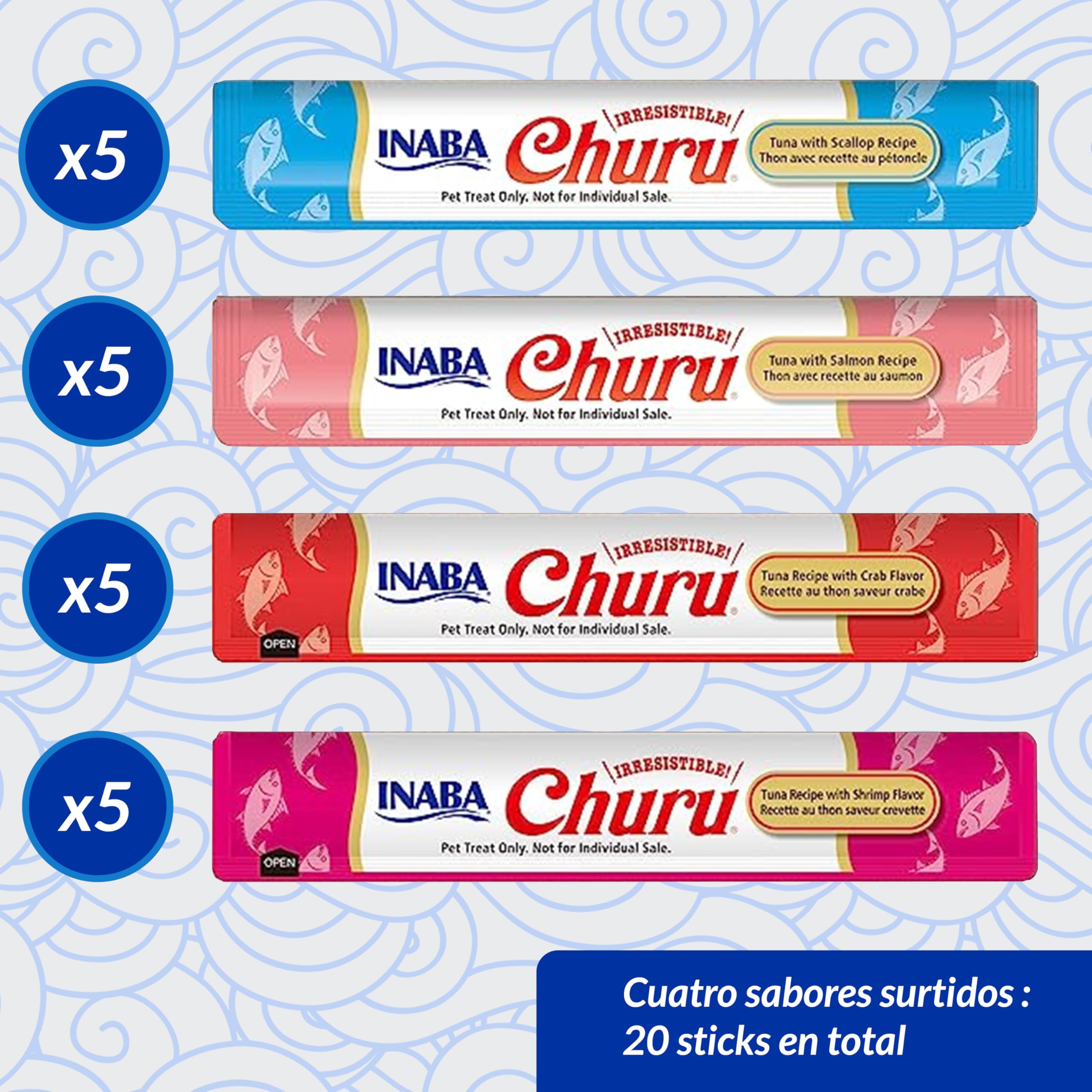 INABA Churu Gatos - 4 Recetas de Snacks Saludables a Base de Atún - Deliciosos Premios con Textura Suave y Cremosa - Natural, Sin Cereales, Sin Conservantes, Sin Colorantes - 280g (20x14g)