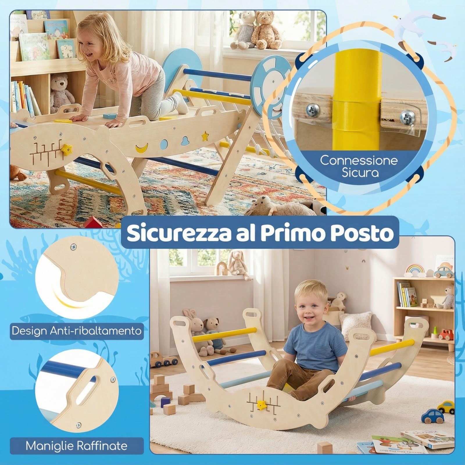 RELAX4LIFE Set da Arrampicata per Bambini, Triangolo di Arrampicata con Scivolo e Arco, Gioco di Incastri in Legno (Marinaio con Rete-3 Pezzi | Macaron)