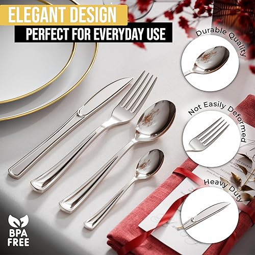Miniatura 6 de Exquisite Cucharas de té de plástico plateadas resistentes, 160 piezas de cubiertos de plástico plateado, juego de cubiertos desechables de alta