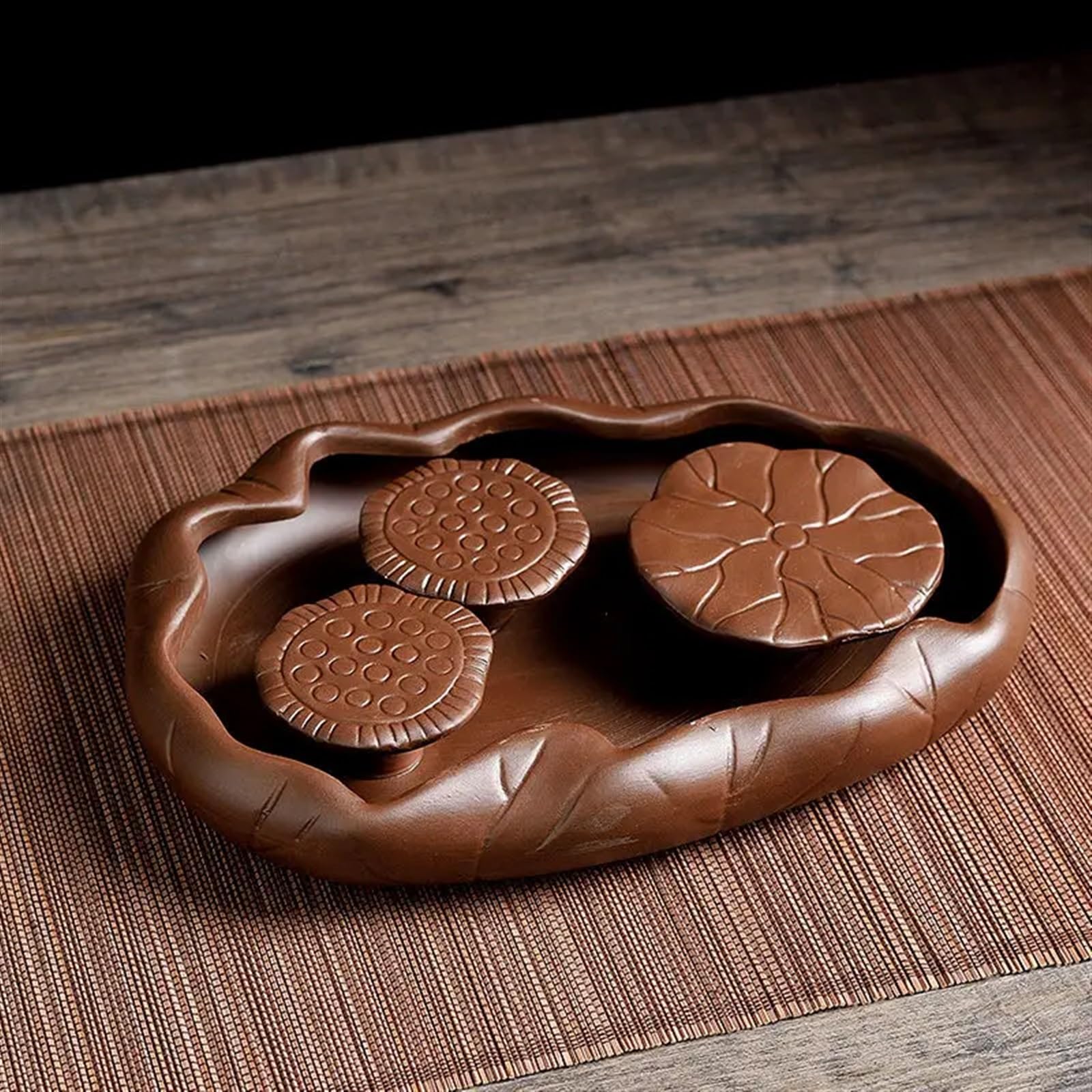Bandeja Bandeja de té Rectangular, Bandeja de té Negro de Loto con Drenaje, Bandeja de Madera Multifuncional for Servir té(Brown)