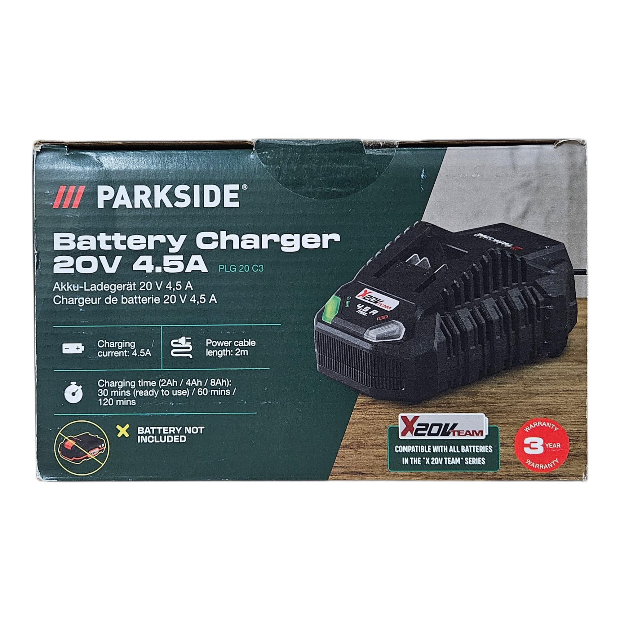 Parkside Chargeur « PLG 20 A3 », 120 W, 4,5 A - 30 Min de Temps de Charge X 20 V Team