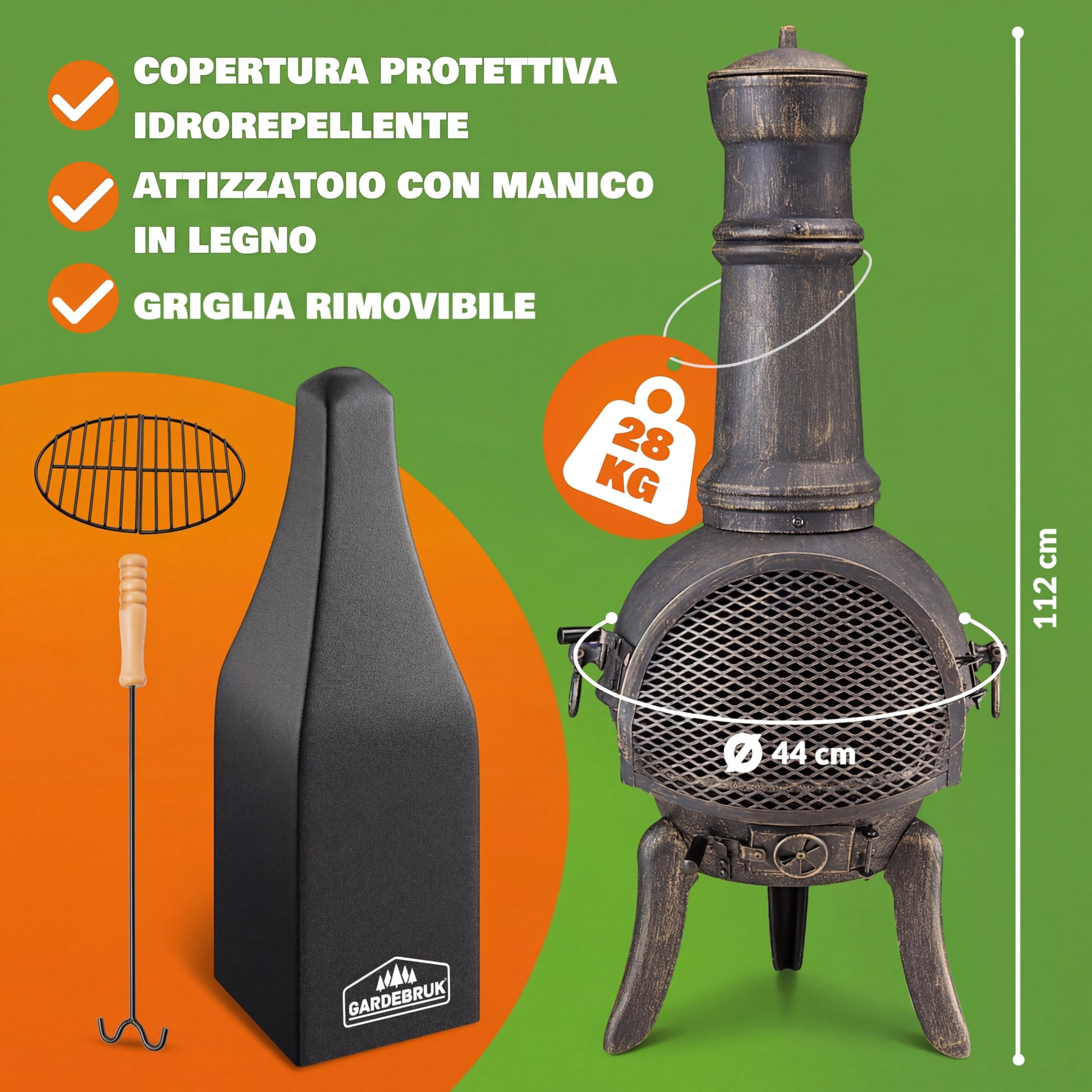 GARDEBRUK® Stufa da Giardino Camino da Esterno Caminetto Ø44cm 112cm Riscaldamento Terrazza Braciere