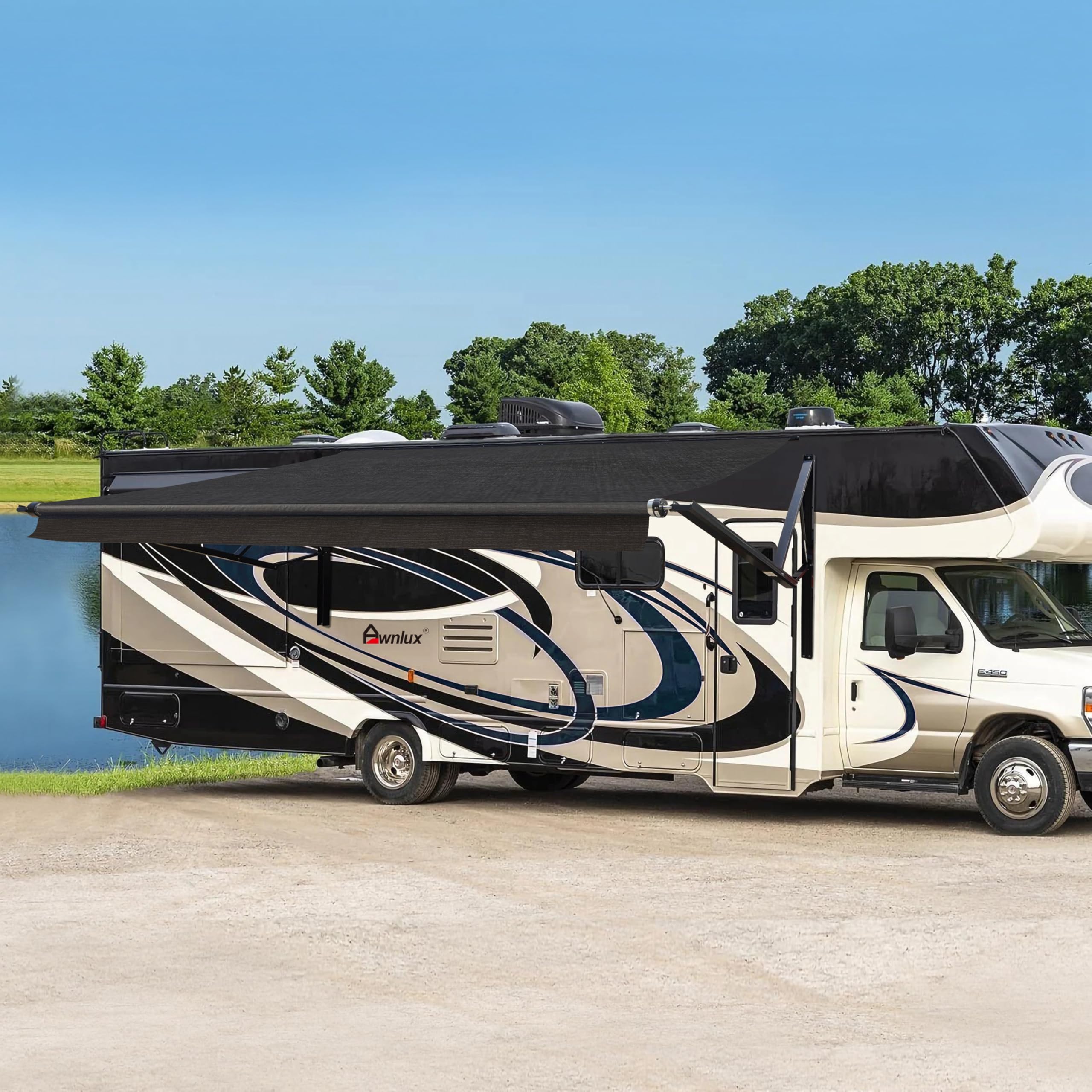 Awnlux Black Motorized Modular Retractable RV Awning Full Set Assemblies for RV, 5th Wheel, Travel Trailers, Toy Haulers, and Motorhome - RV Trailer Awning for Home or Camper - 14x8 Ft - Solid Black