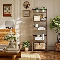 Vista 2 de Estante de escalera, estantería de 5 niveles, estantería resistente de bambú, estante de almacenamiento de madera abierta independiente, soporte