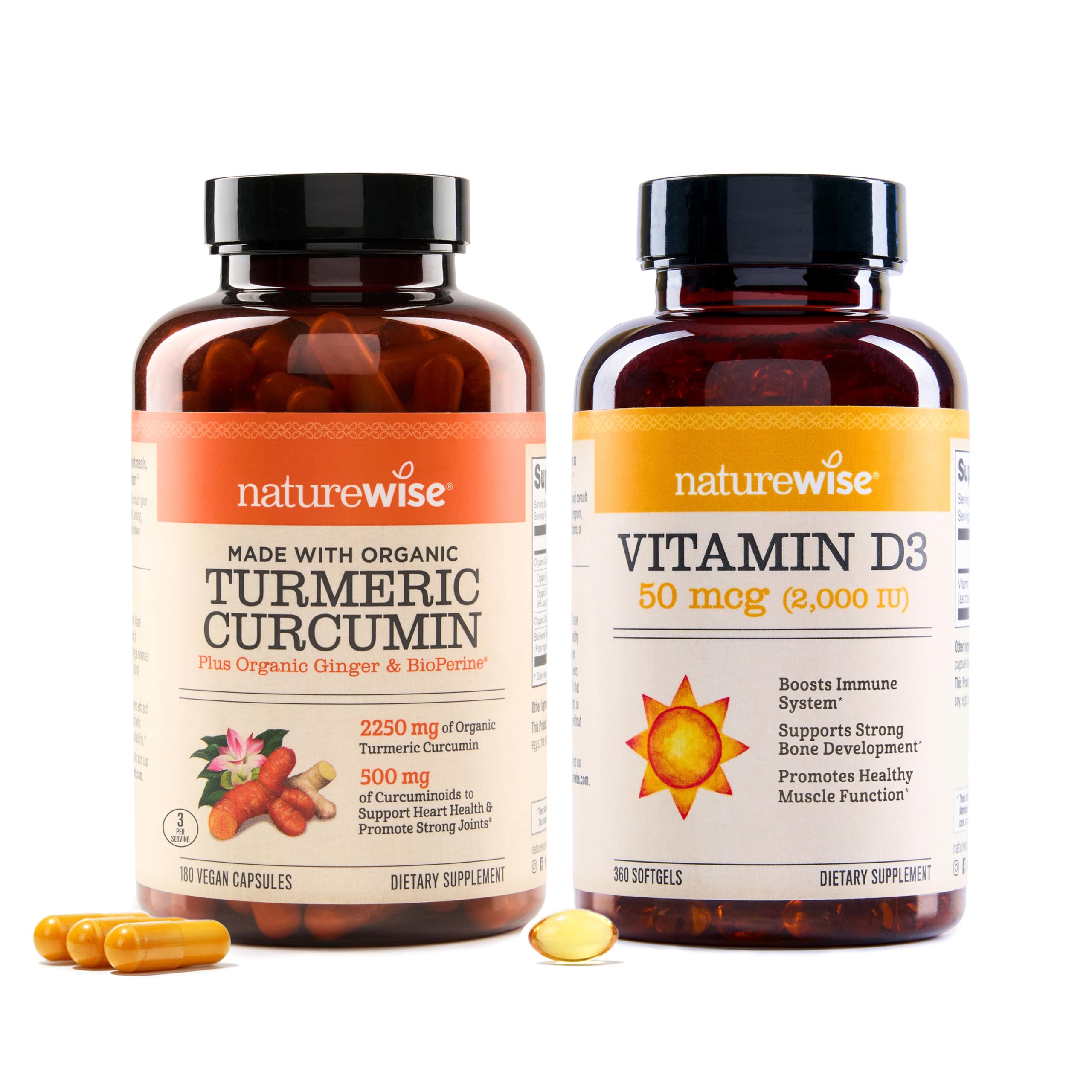 NatureWise Curcumin Turmeric 2250mg w/Black Pepper, 95% Curcuminoids Capsules, 180-Count + Vitamin D3 2000iu (50 mcg) softegls 360-Count - Bundle for Joint & Im