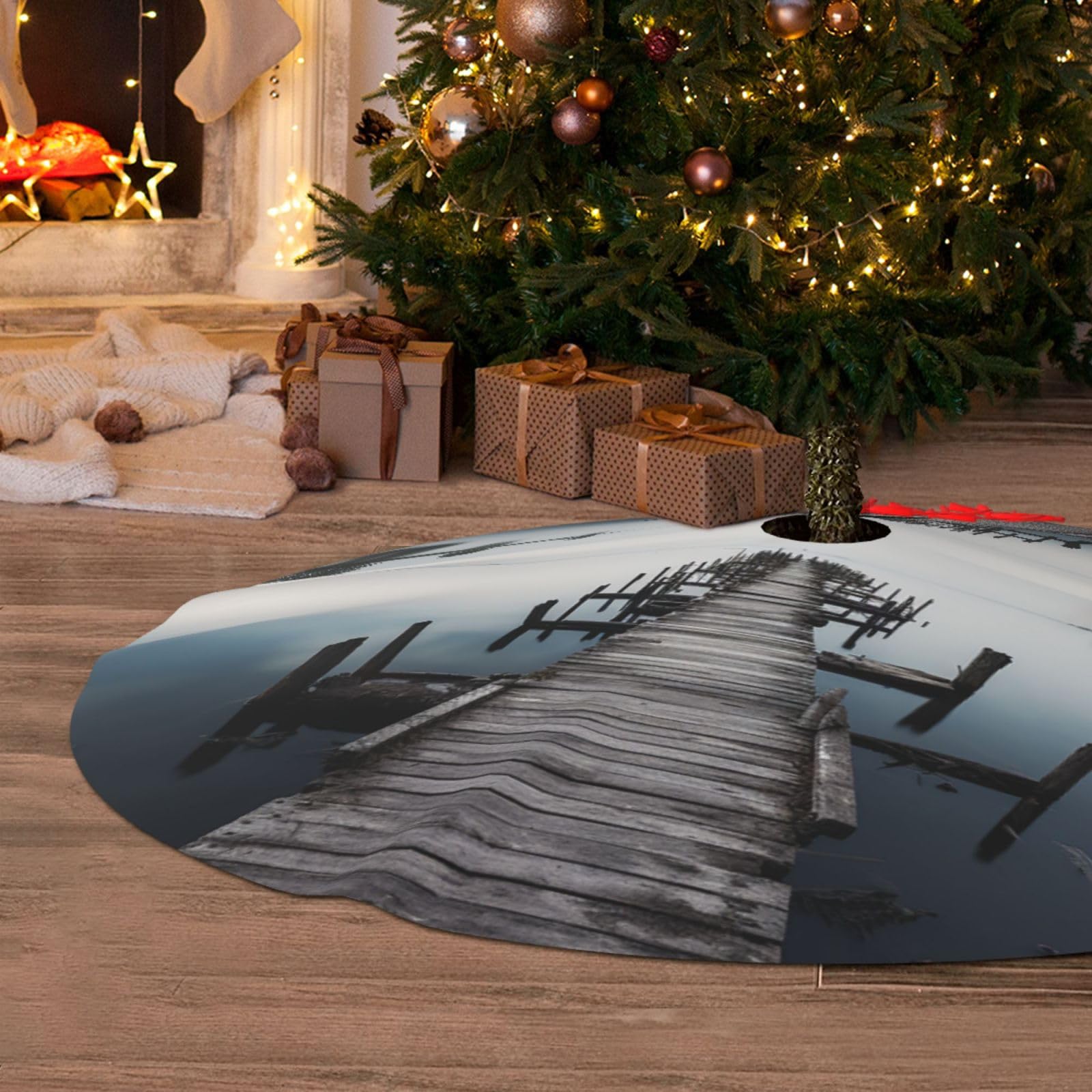 Jupe de sapin de Noël 121,9 cm en peluche douce au design ponton en bois