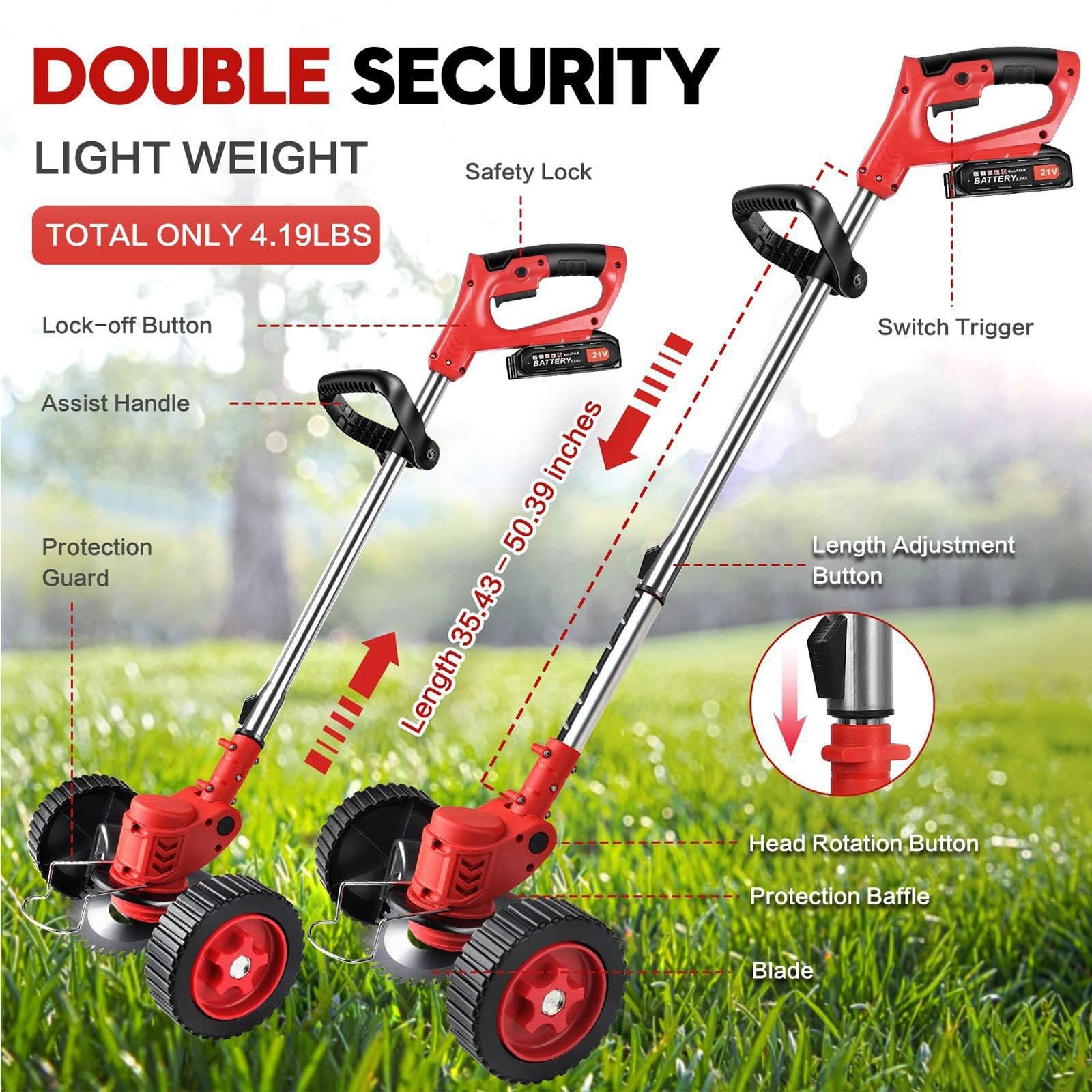 Desbrozadora de jardín inalámbrica de 21 V con batería de iones de litio de 4 Ah y batería de cargador, ruedas extraíbles, desbrozadora eléctrica para jardines y césped (2 unidades)