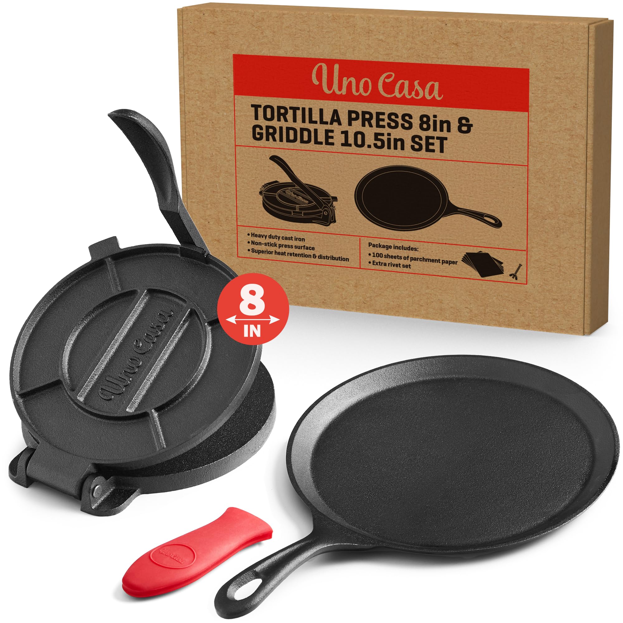 Uno Casa Cast Iron Tortilla Press 8 Inch - Bundle of Skillet for Roti / Comal Pan, Tawa / Dosa Pan Pataconera, Comales para Tortillas