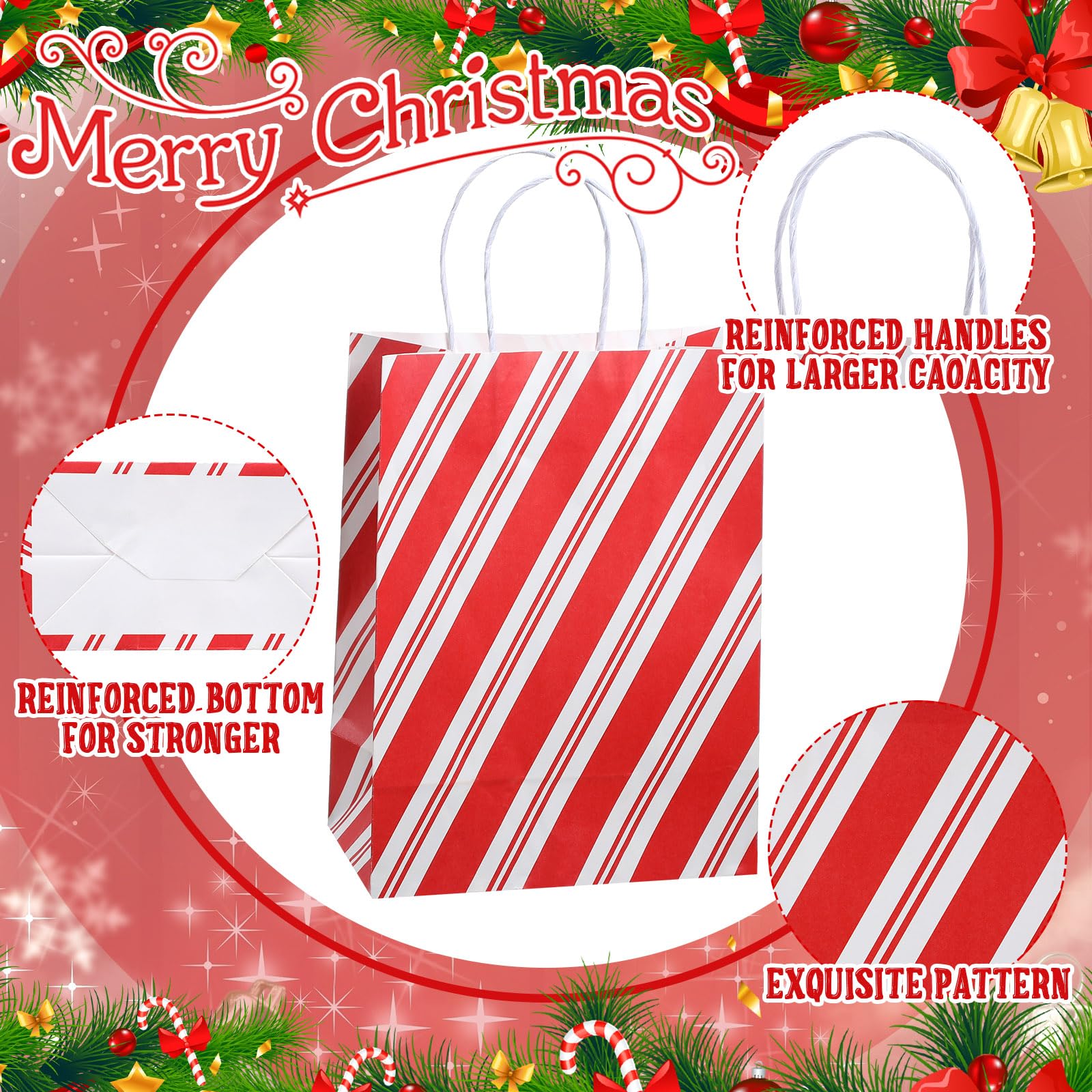 Qilery Lot de 24 sacs à friandises de Noël avec poignées de tailles assorties - Sacs cadeaux en papier kraft rayé pour le travail, Noël, fournitures de fête, 3 tailles