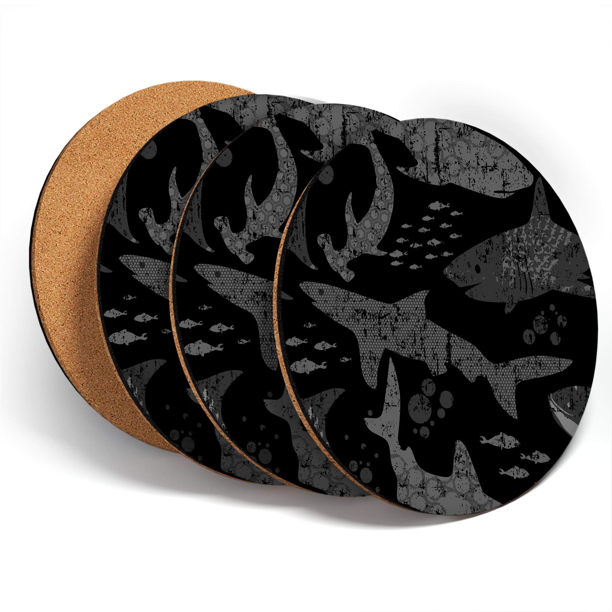 Destination Vinyl Ltd Multicolor Great Coasters (Set Of 4) Round - Bw - Sharks Whale Fish Diving Drink Glossy Coasters/Tabletop Protection For Any Table Type #41191