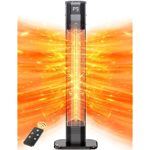 VAGKRI 42" 1500W Electric Outdoor Infrared Heater with Remote, 9 Heat Levels, 24H Timer, 1S Fast Heating, IPX5 Waterproof Tower Space Heater for Home, Office, Patio, Garage