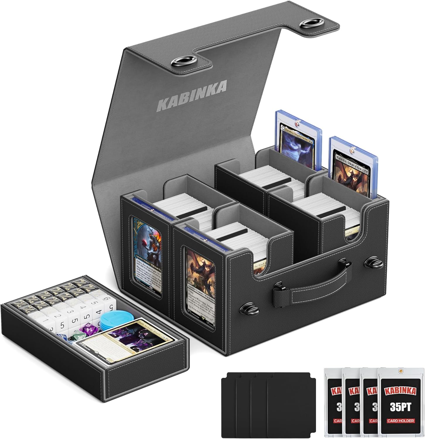 Kabinka Commander Deck Box for MTG with Handle, Multi Deck Case with Large Dice Tray Fits 400+ Double-Sleeved Cards, 5 IN 1 TCG Card Storage Box with Commander Display, 35PT Card Holders (Black)