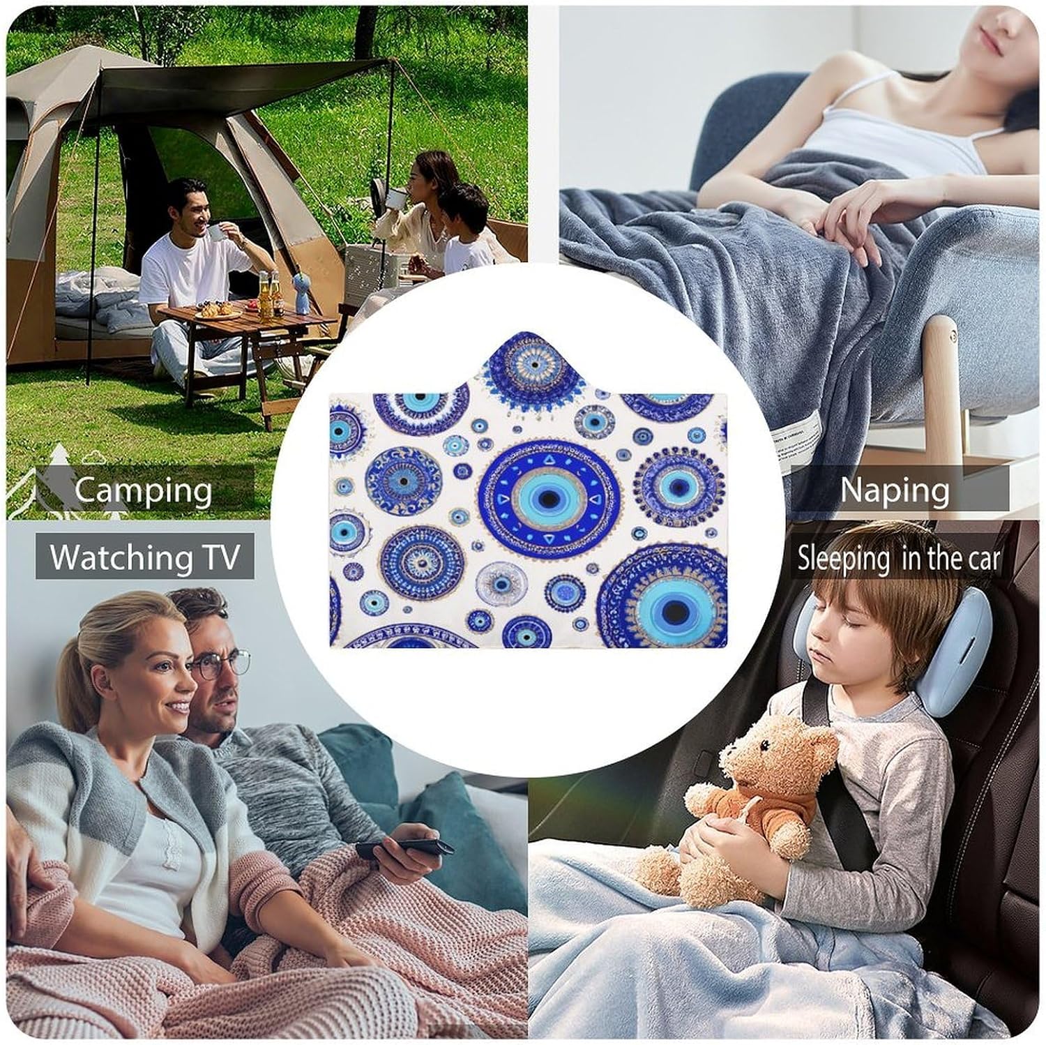 Blue Greek Evil Eyes Wearable Blanket Oversized Throw Cape | Cozy Hooded Blanket Gifts for Women Men