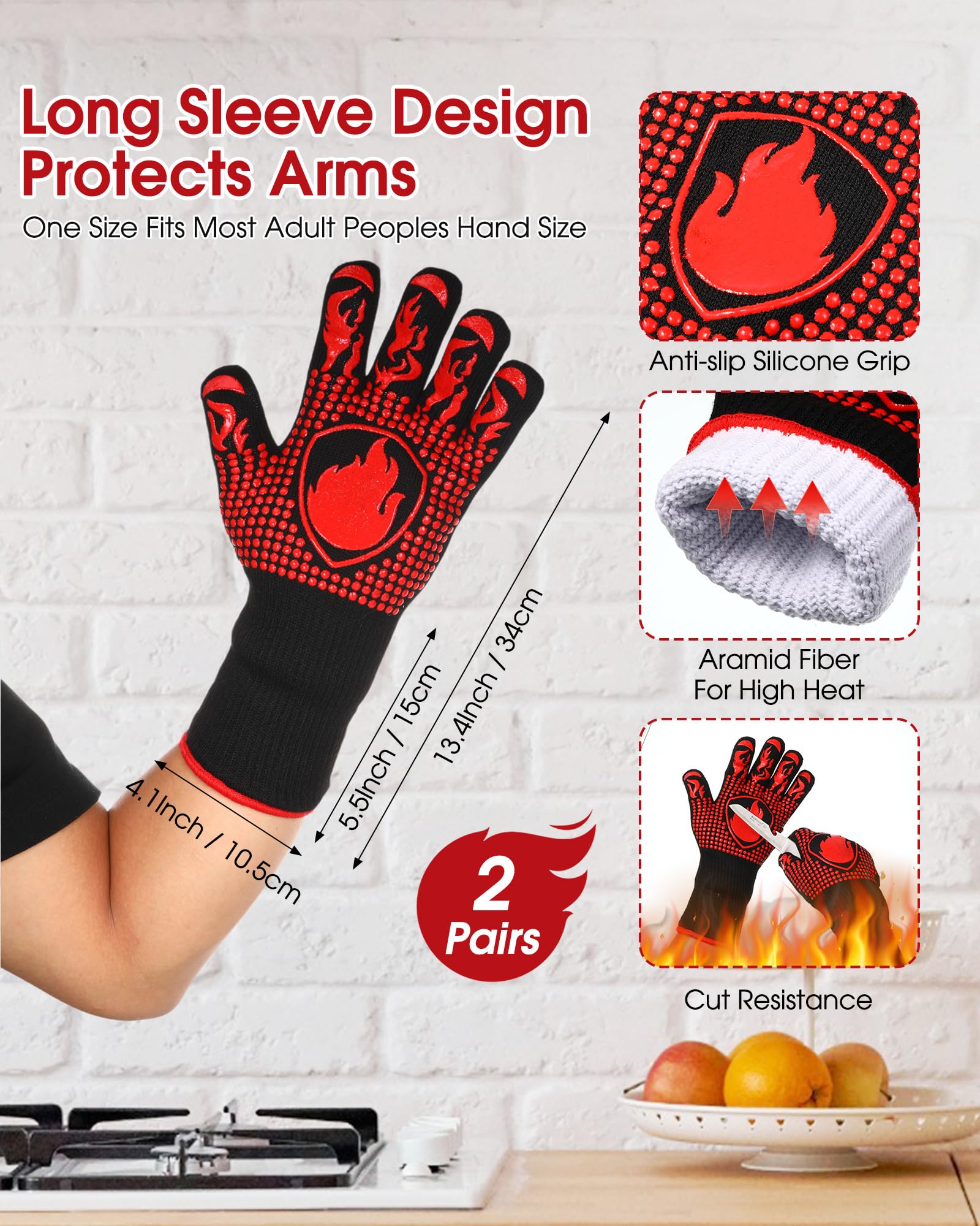 2 pares de guantes de barbacoa 1472 resistentes al calor, guantes de parrilla ignífugos, guantes de horno de silicona antideslizantes para asar, cocinar, hornear, freír