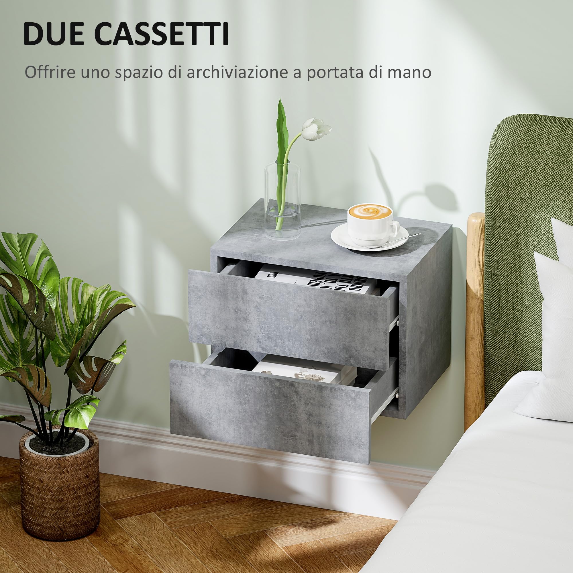 HOMCOM Set di 2 Comodini Sospesi con 2 Cassetti 40x29x30 cm Grigio Cemento | Comodini Camera da Letto, Tavolini Salvaspazio da Salotto