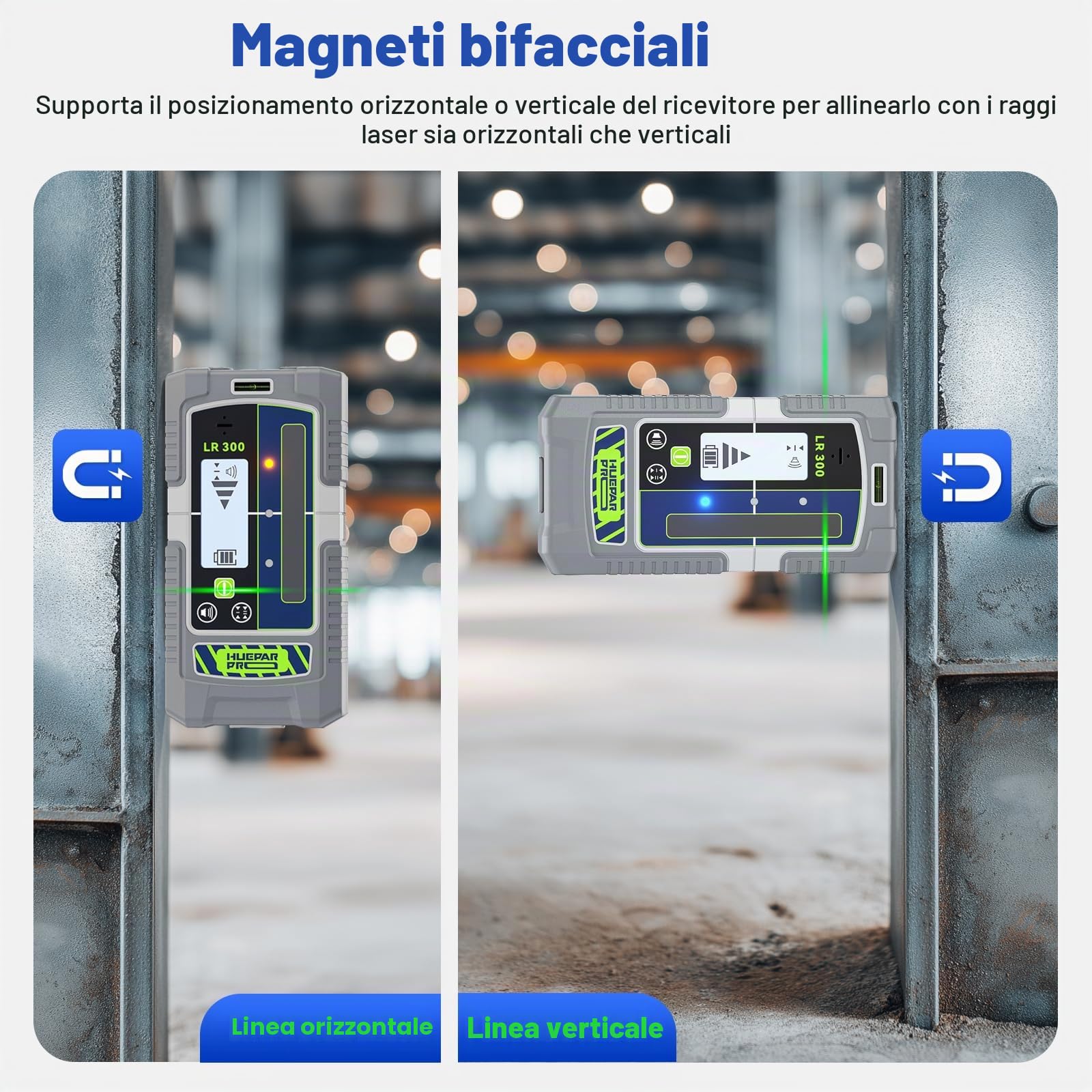 Huepar Pro Ricevitore Laser Modalità Impulso Rilevatore di Linea per Livelli Laser, Esterno 60 m, Modalità Doppia Precisione, Impermeabile IP65, Morsetto Magnetico, LCD+LED, Durata di 20 Ore